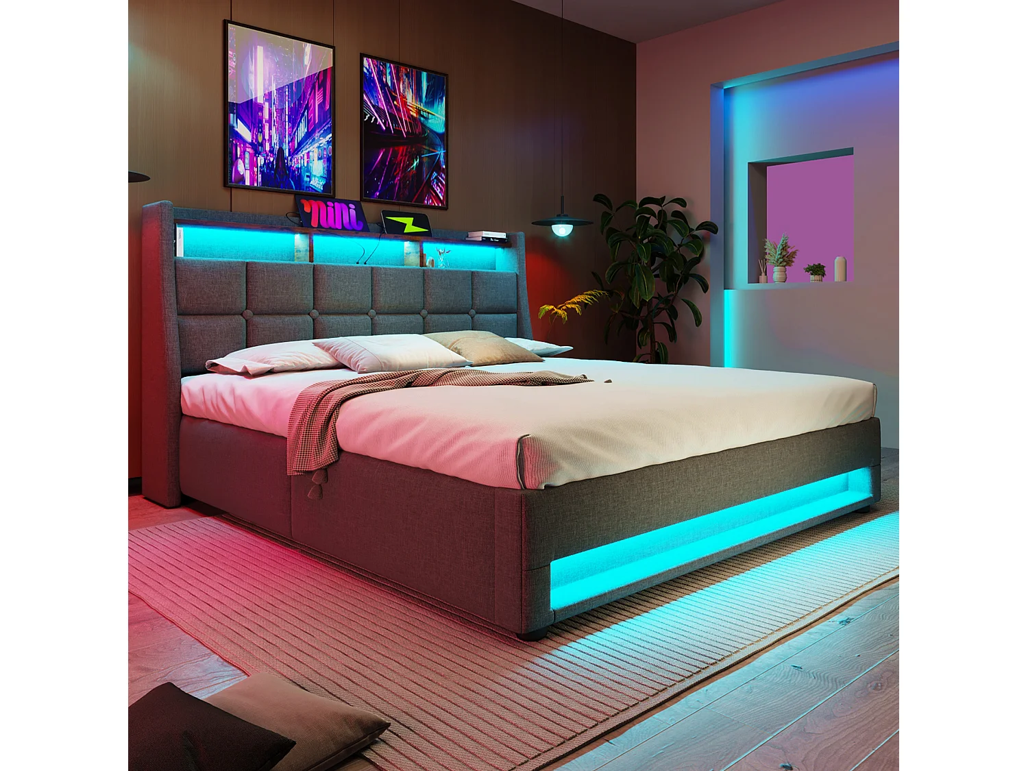 Linen storage bed 135x190cm with LED and USB ports - slatted base - grey