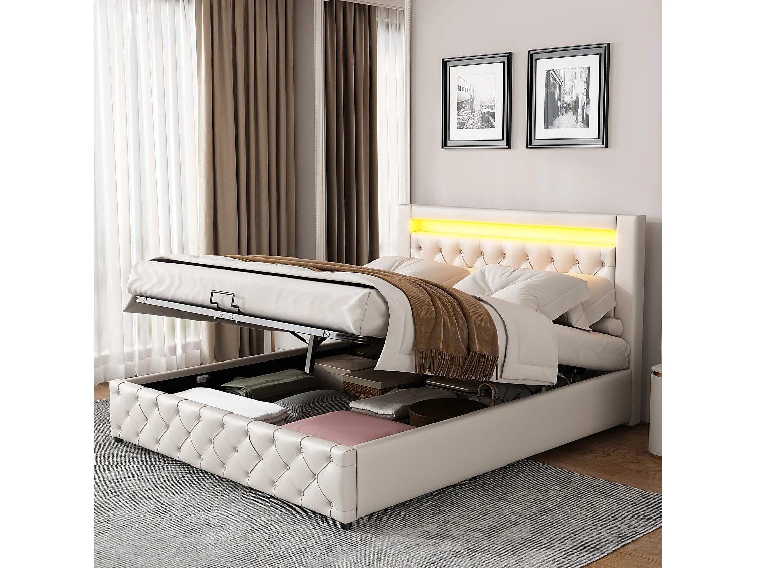 Upholstered storage bed in faux leather with LED lighting - 160x200 cm - with slatted base - White