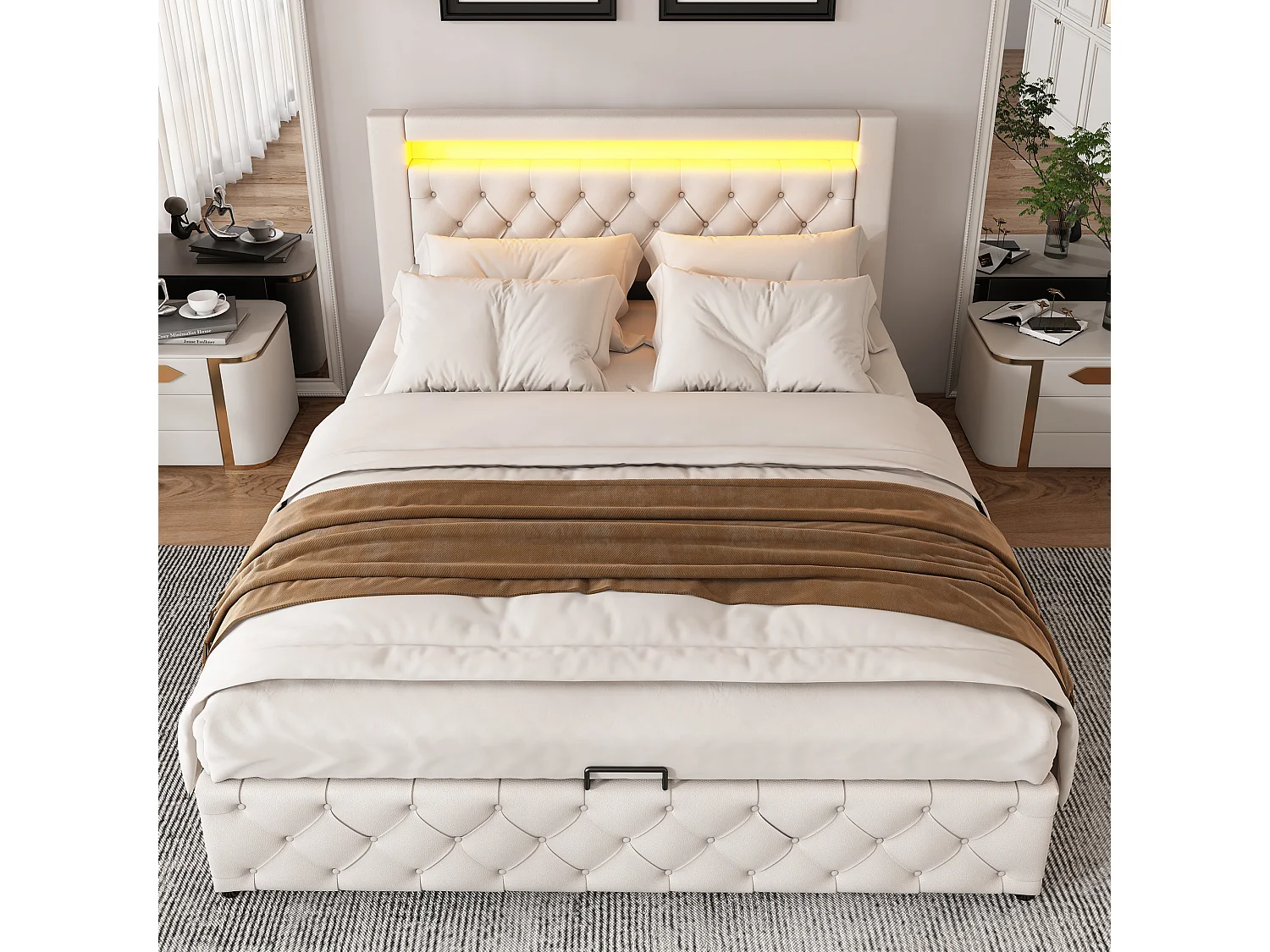 Upholstered storage bed in faux leather with LED lighting - 160x200 cm - with slatted base - White