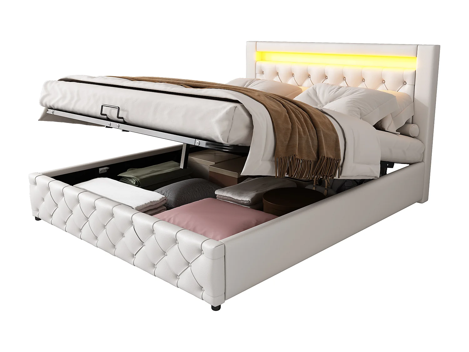 Upholstered storage bed in faux leather with LED lighting - 160x200 cm - with slatted base - White