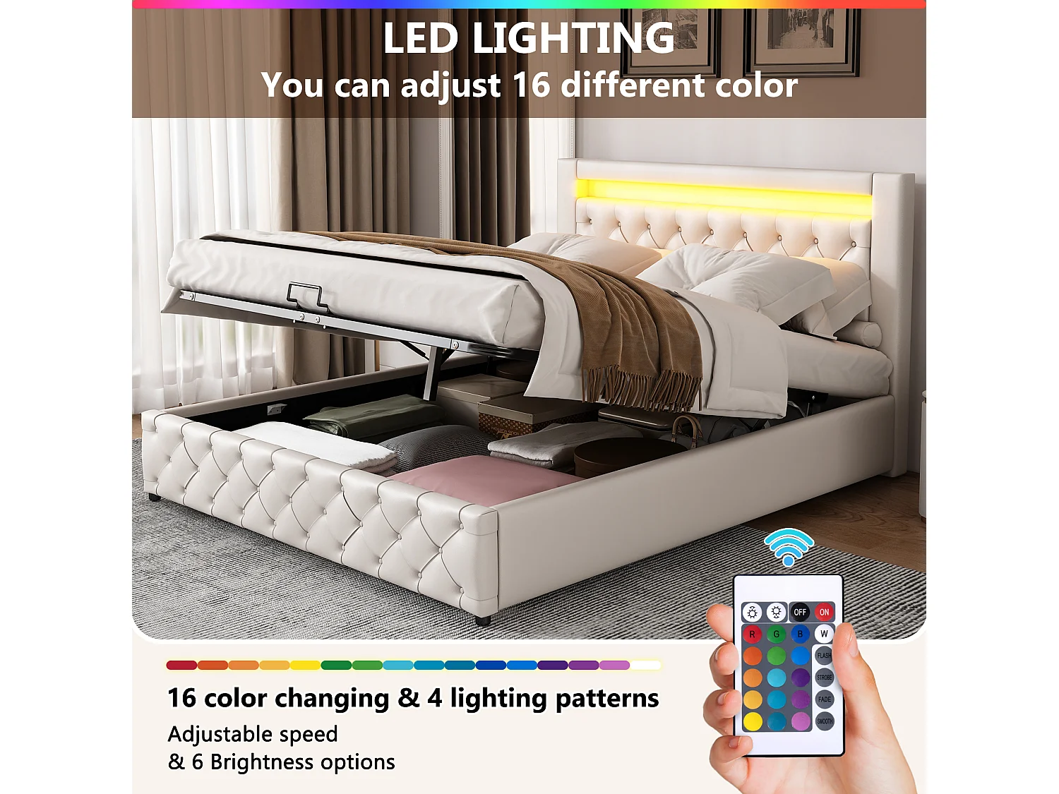 Upholstered storage bed in faux leather with LED lighting - 160x200 cm - with slatted base - White