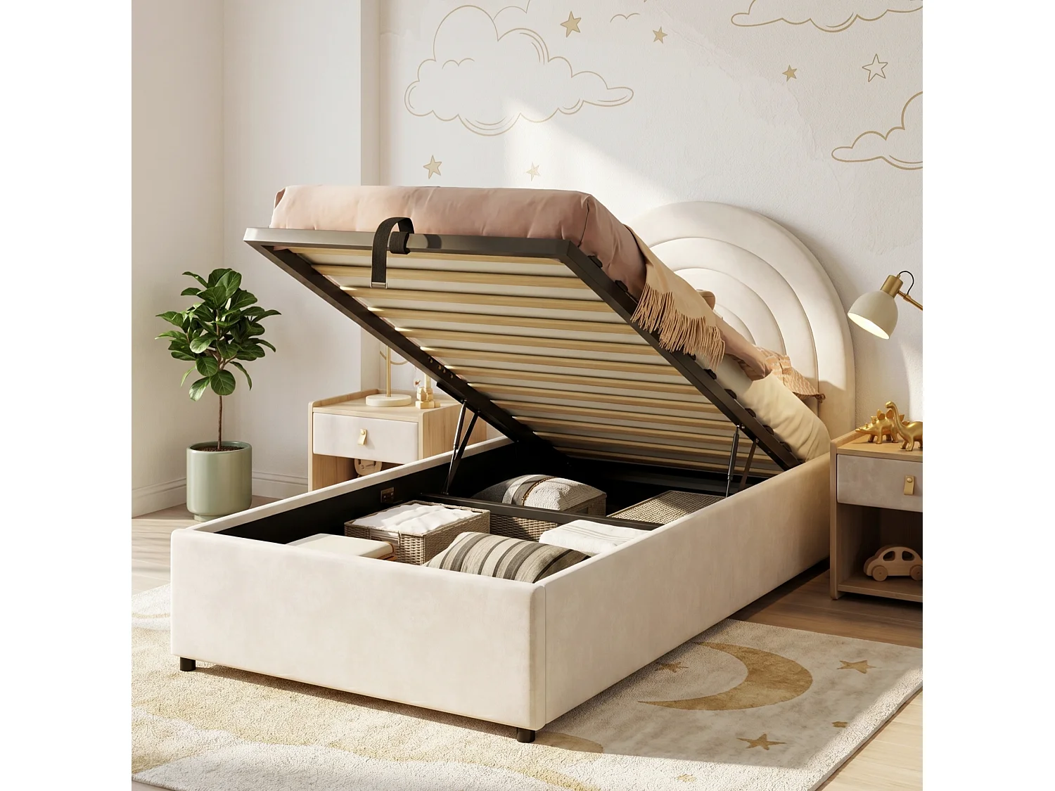 Children's Storage Bed 90x200 cm - Rainbow Headboard - Velvet - Beige (mattress not included)
