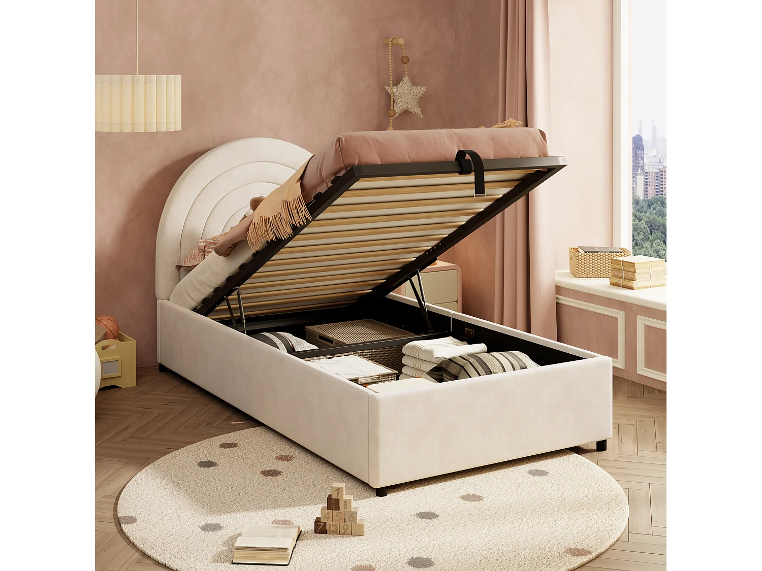 Children's Storage Bed 90x200 cm - Rainbow Headboard - Velvet - Beige (mattress not included)