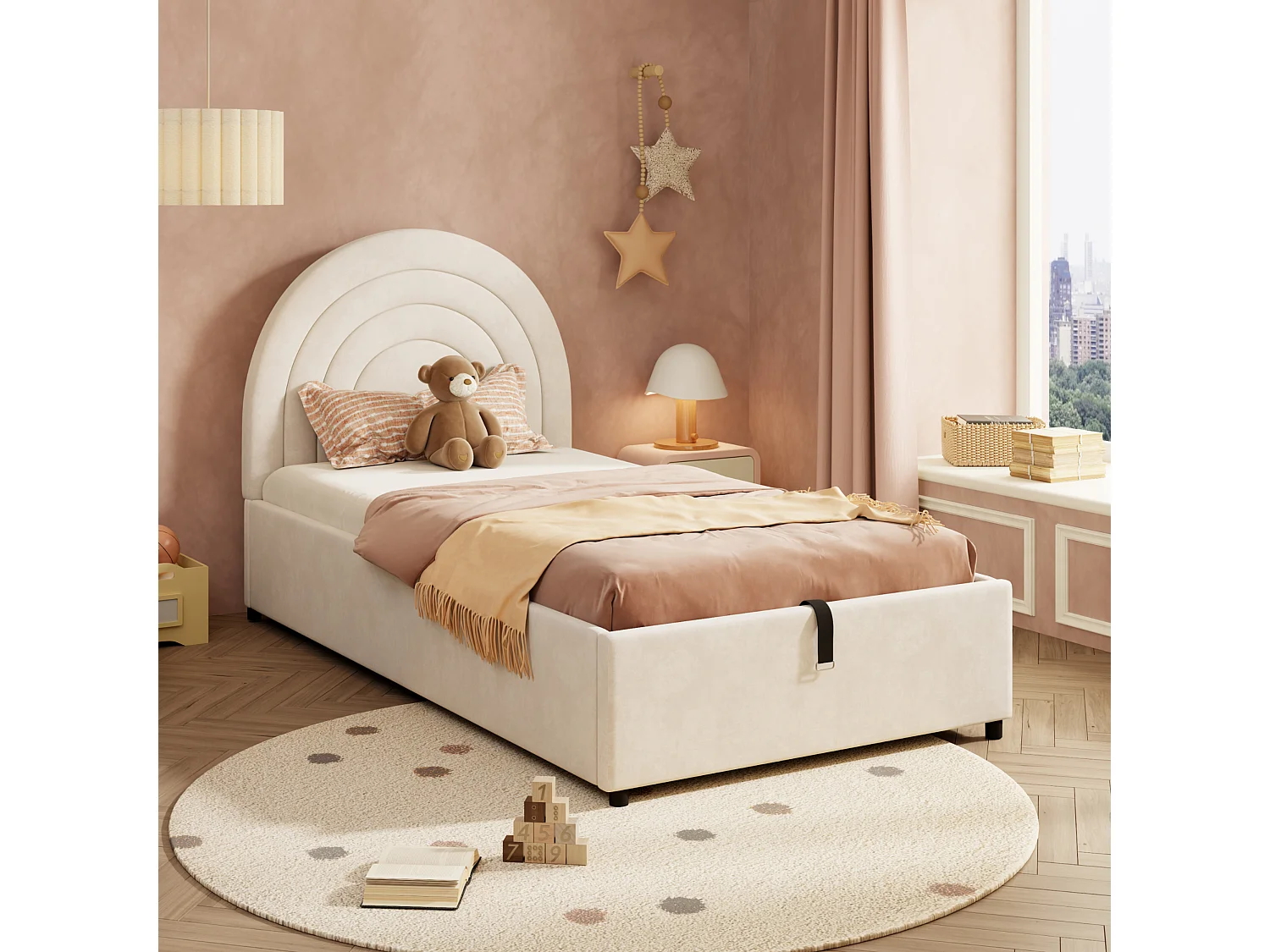 Children's Storage Bed 90x200 cm - Rainbow Headboard - Velvet - Beige (mattress not included)