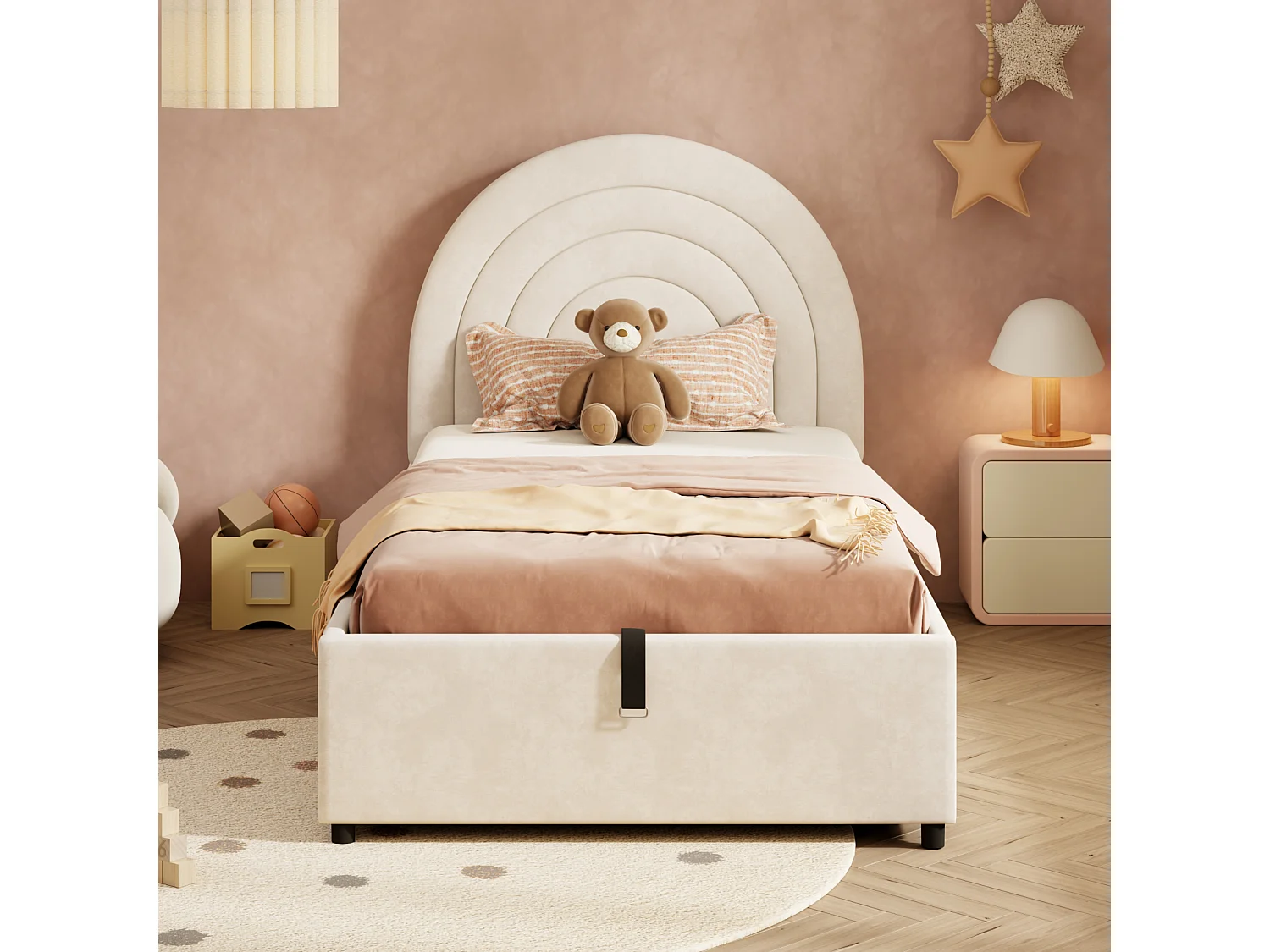 Children's Storage Bed 90x200 cm - Rainbow Headboard - Velvet - Beige (mattress not included)