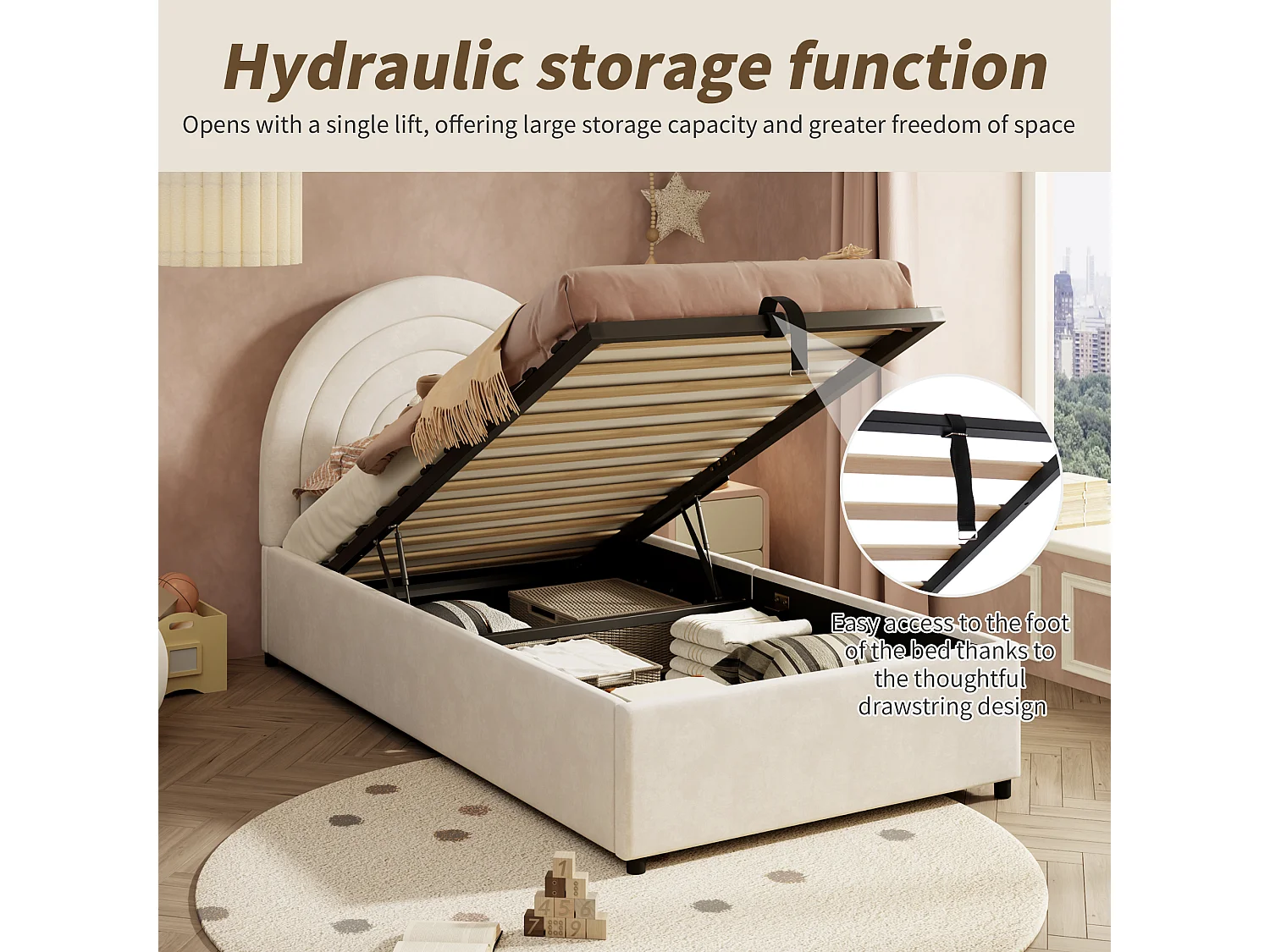 Children's Storage Bed 90x200 cm - Rainbow Headboard - Velvet - Beige (mattress not included)