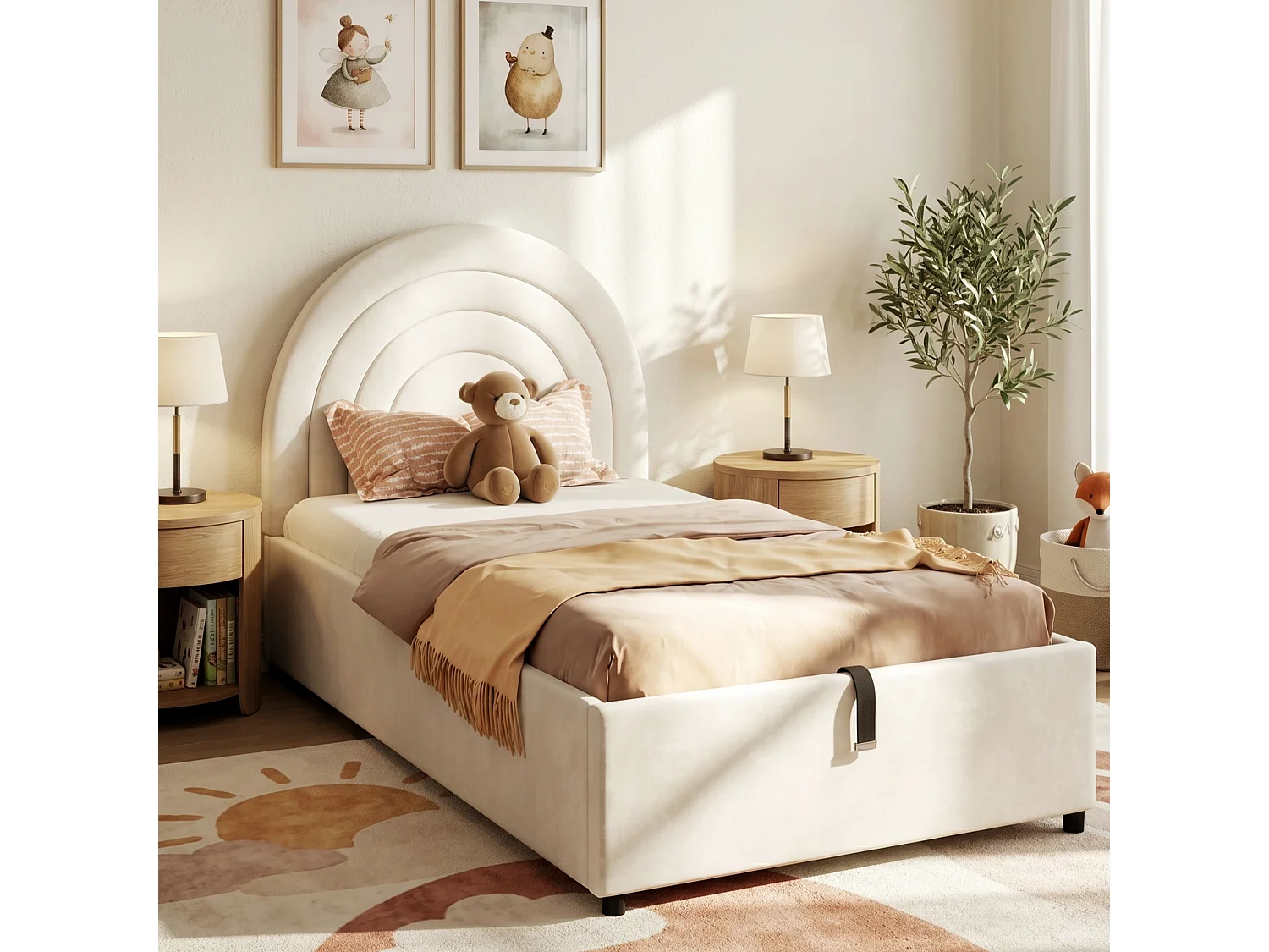 Children's Storage Bed 90x200 cm - Rainbow Headboard - Velvet - Beige (mattress not included)