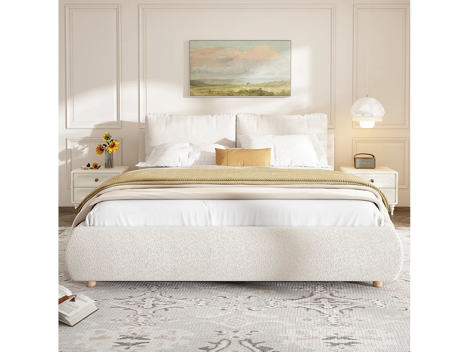 Upholstered storage bed 180x200 cm - with storage space - Chenille fabric - Beige (mattress not included)