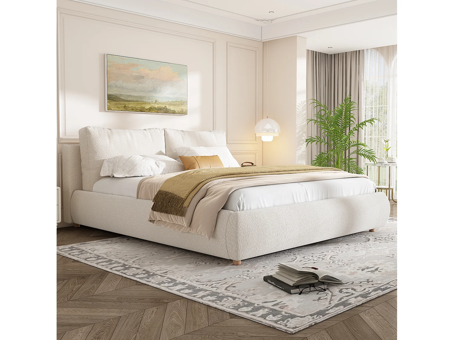 Upholstered storage bed 180x200 cm - with storage space - Chenille fabric - Beige (mattress not included)