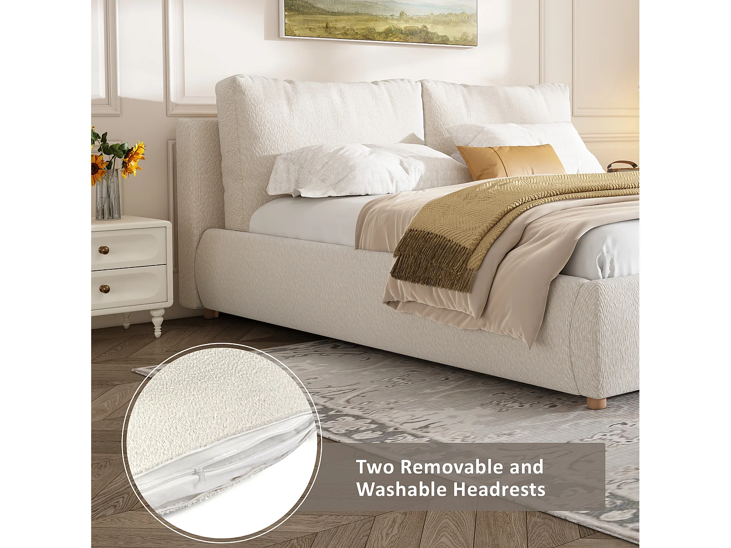 Upholstered storage bed 180x200 cm - with storage space - Chenille fabric - Beige (mattress not included)