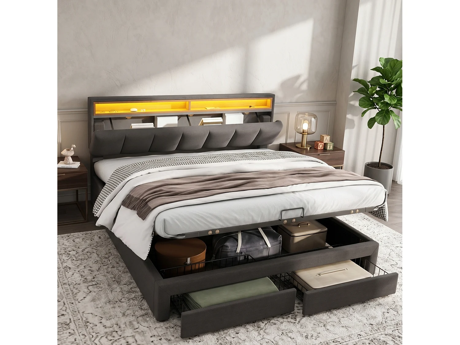 Upholstered storage bed 160x200cm in linen with drawer and LED lighting - headboard with storage - slatted base - Grey