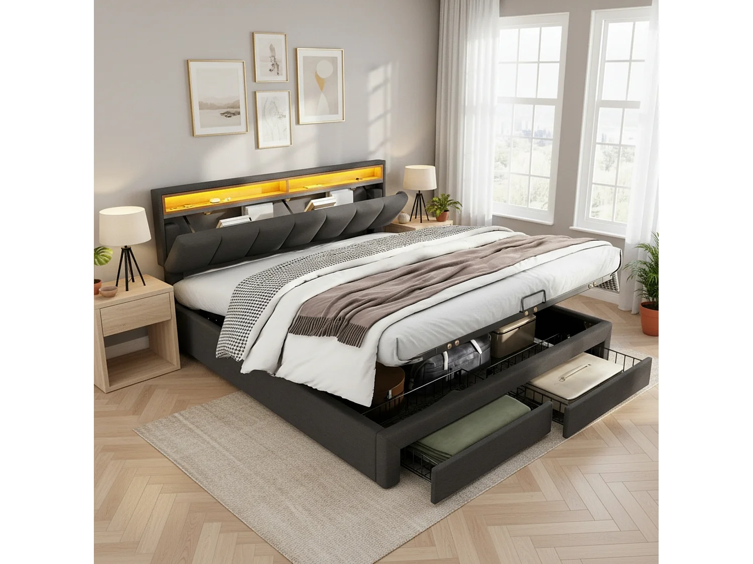 Upholstered storage bed 160x200cm in linen with drawer and LED lighting - headboard with storage - slatted base - Grey