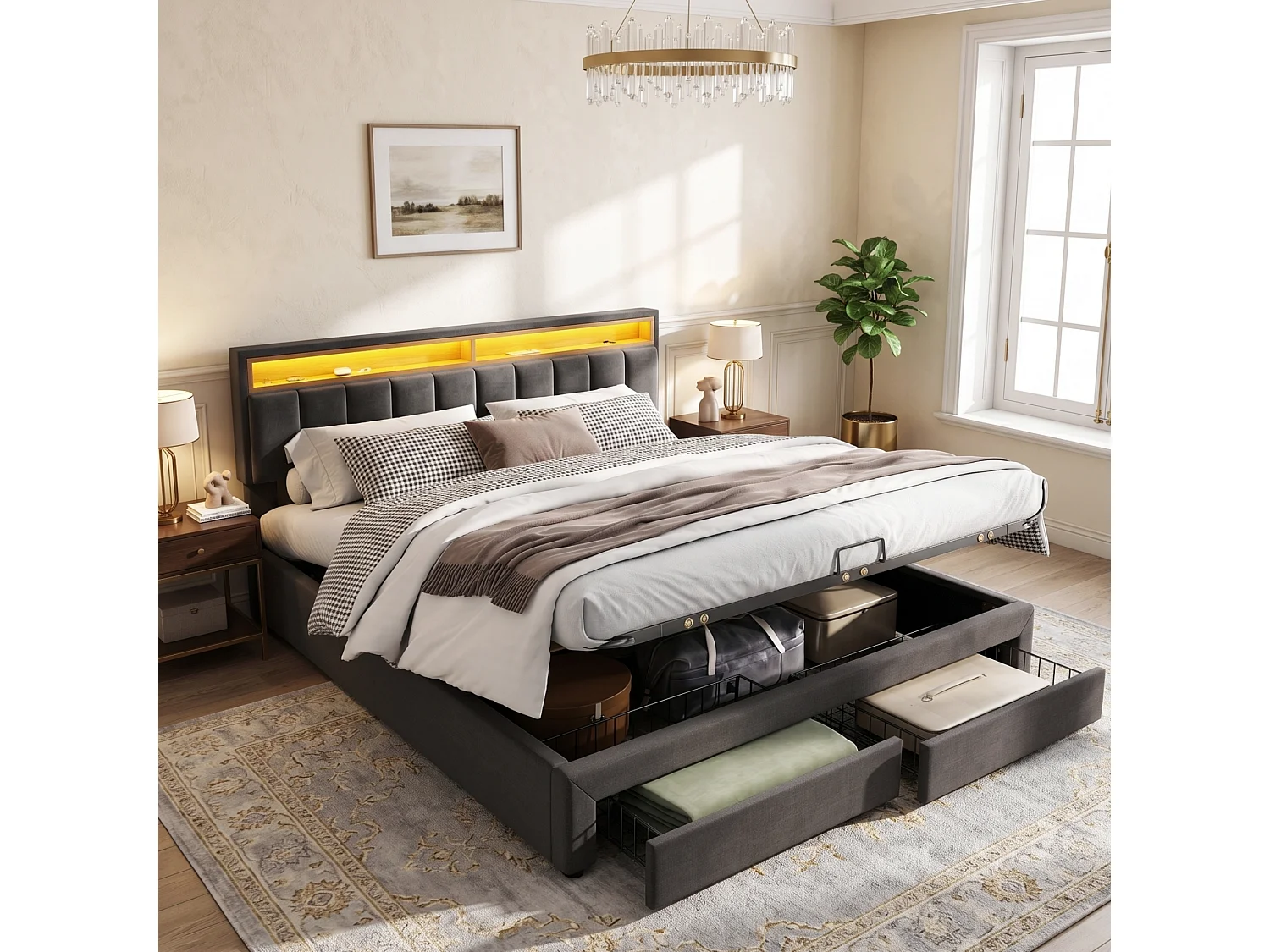 Upholstered storage bed 160x200cm in linen with drawer and LED lighting - headboard with storage - slatted base - Grey