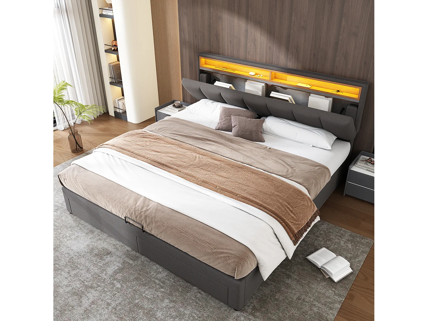 Upholstered storage bed 160x200cm in linen with drawer and LED lighting - headboard with storage - slatted base - Grey
