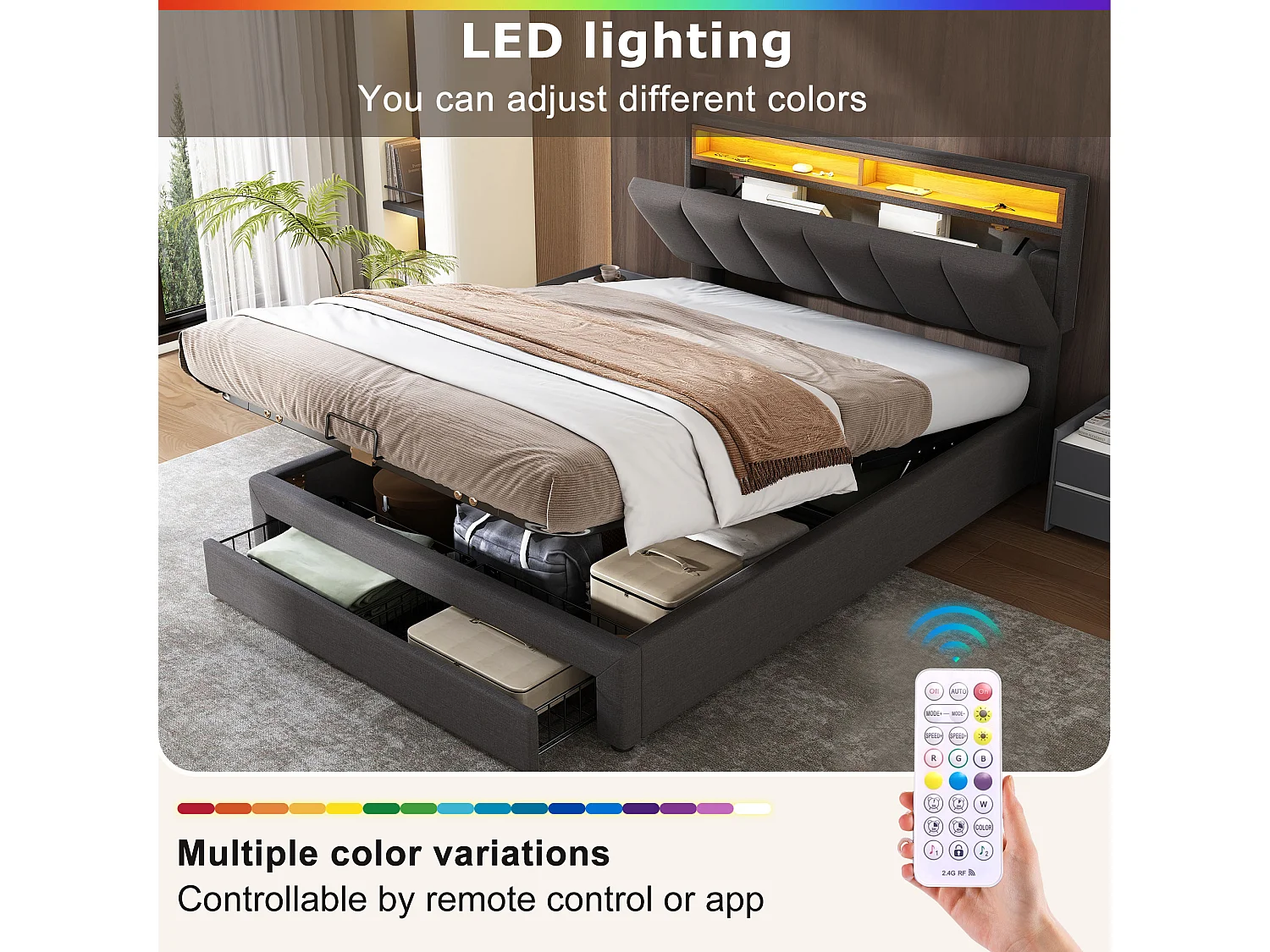 Upholstered storage bed 160x200cm in linen with drawer and LED lighting - headboard with storage - slatted base - Grey