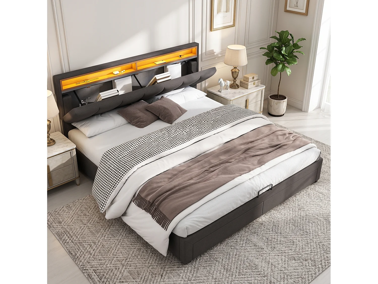 Upholstered storage bed 160x200cm in linen with drawer and LED lighting - headboard with storage - slatted base - Grey