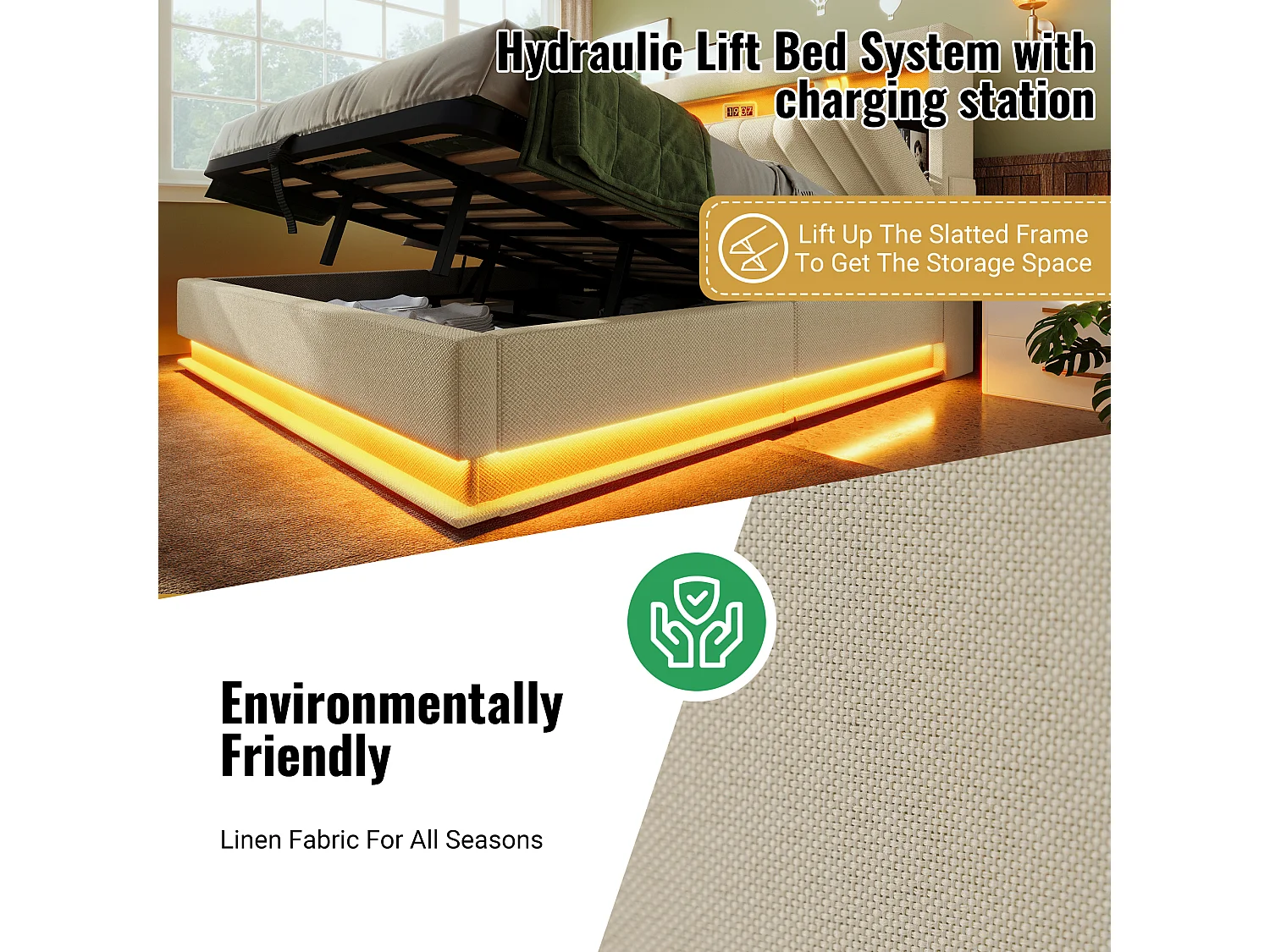 Upholstered storage bed 135x190cm - with LED lighting - with USB and Type-C ports - Linen fabric - Headboard with storage space - Beige