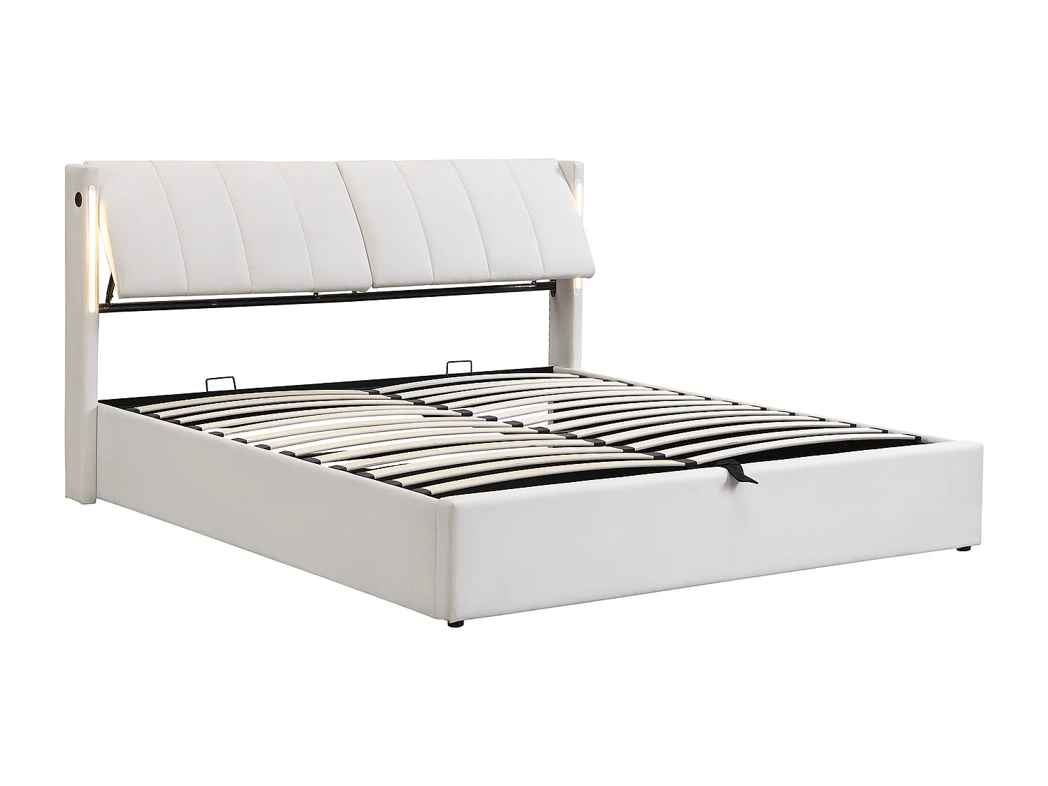 Upholstered storage bed in faux leather - 160x200cm - with USB port and LED lighting - adjustable headboard angle - White
