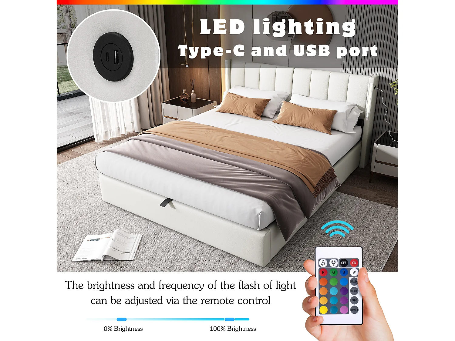 Upholstered storage bed in faux leather - 160x200cm - with USB port and LED lighting - adjustable headboard angle - White