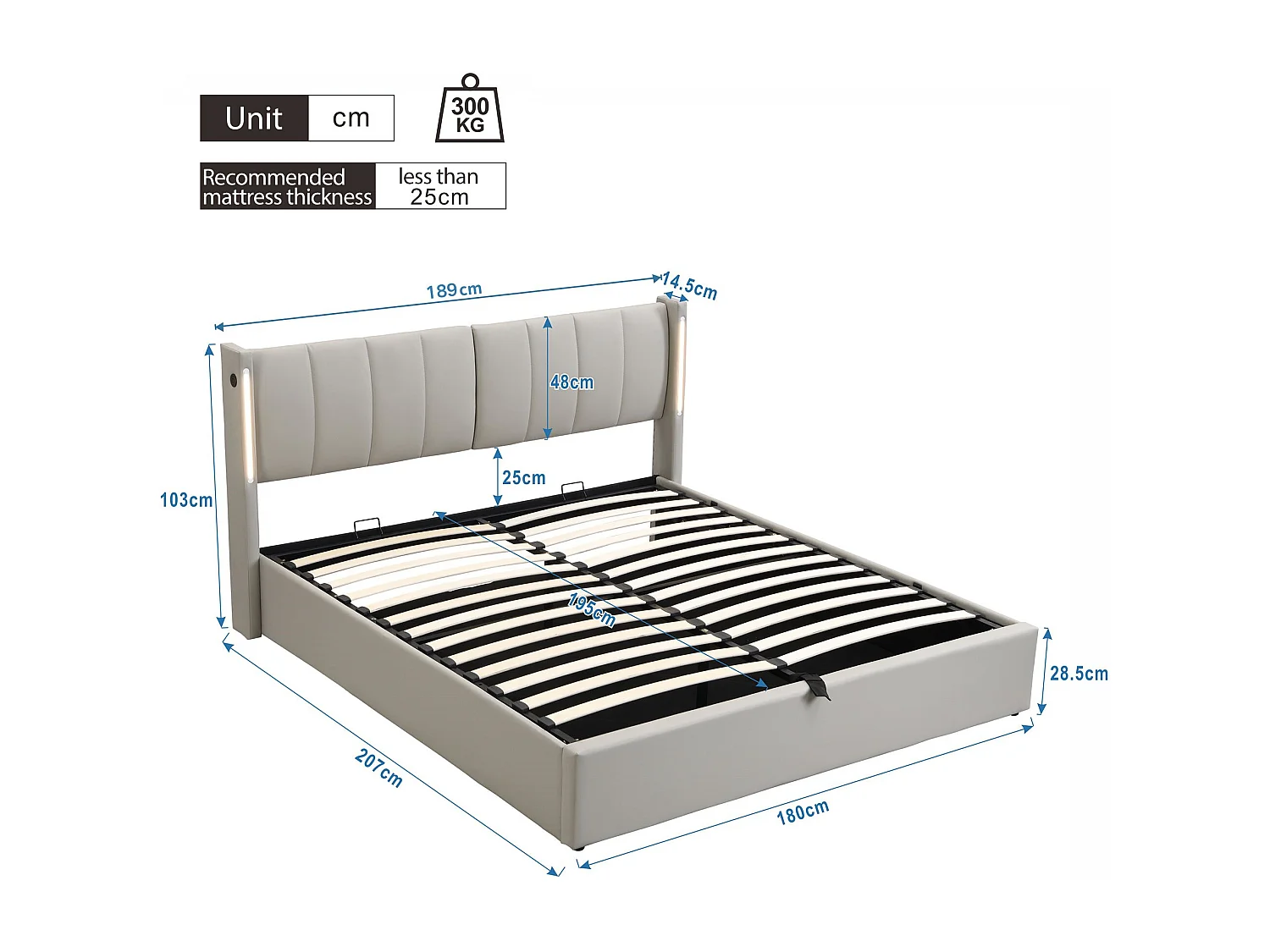 Upholstered faux leather storage bed - 180x200cm - with USB port and LED lighting - adjustable headboard angle - Grey