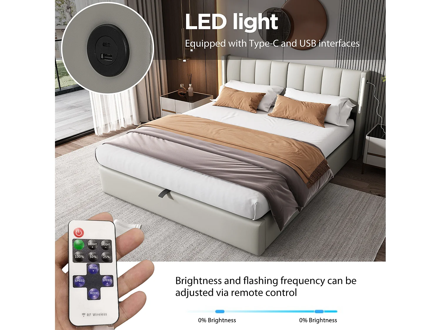 Upholstered faux leather storage bed - 180x200cm - with USB port and LED lighting - adjustable headboard angle - Grey