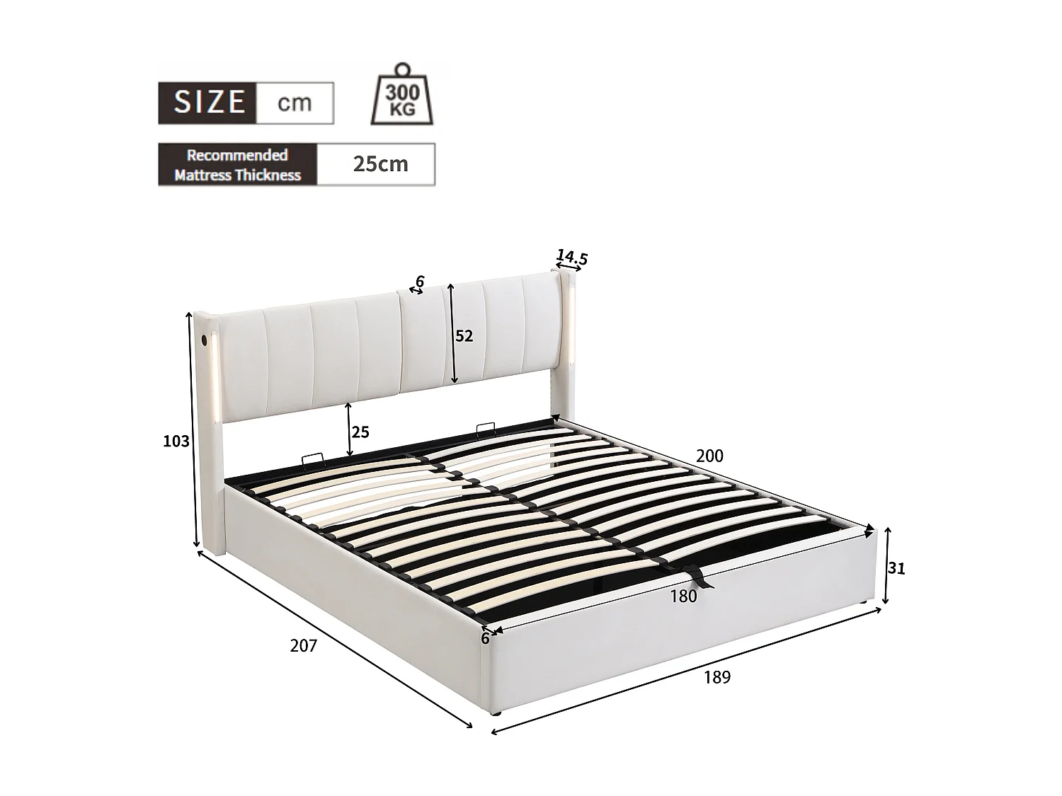 Upholstered storage bed in faux leather - 180x200cm - with USB port and LED lighting - adjustable headboard angle - White