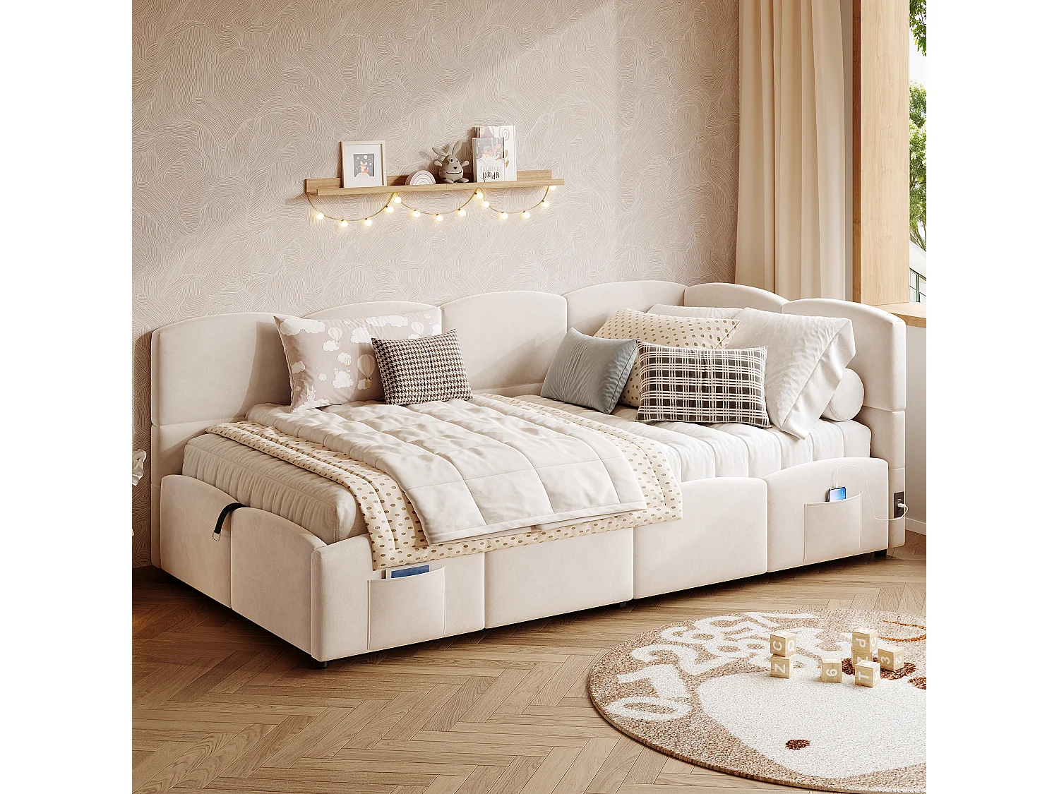 Polstret seng med opbevaring 90x190 cm - med USB-port og opbevaringslomme - fløjlsstof - lamelbund - beige (uden madras)