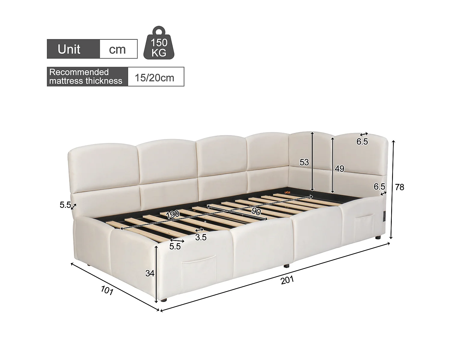 Polstret seng med opbevaring 90x190 cm - med USB-port og opbevaringslomme - fløjlsstof - lamelbund - beige (uden madras)
