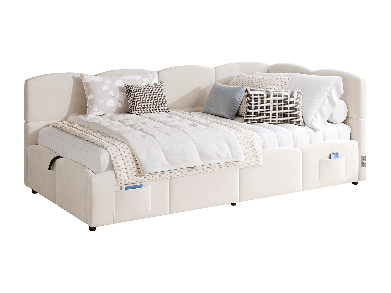 Polstret seng med opbevaring 90x190 cm - med USB-port og opbevaringslomme - fløjlsstof - lamelbund - beige (uden madras)