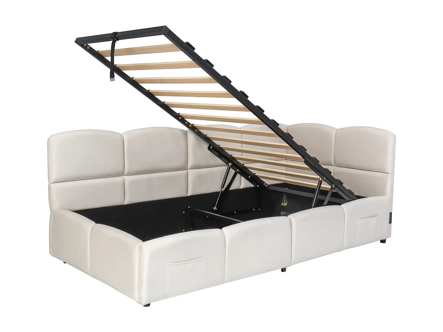 Polstret seng med opbevaring 90x190 cm - med USB-port og opbevaringslomme - fløjlsstof - lamelbund - beige (uden madras)