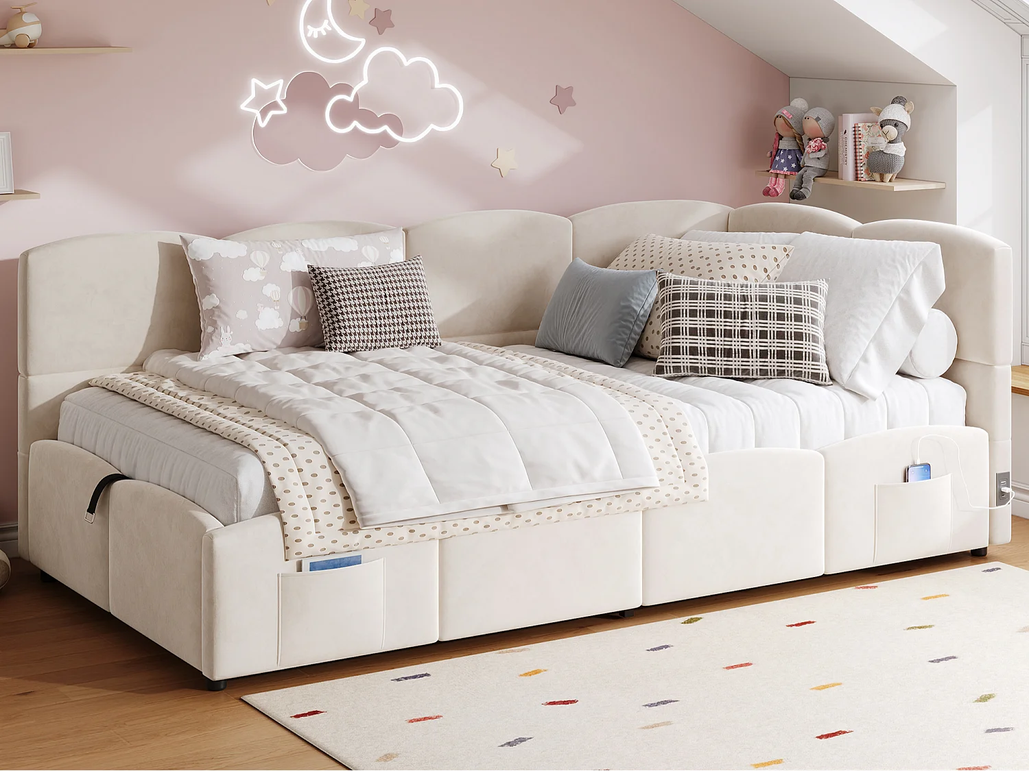 Polstret seng med opbevaring 90x190 cm - med USB-port og opbevaringslomme - fløjlsstof - lamelbund - beige (uden madras)