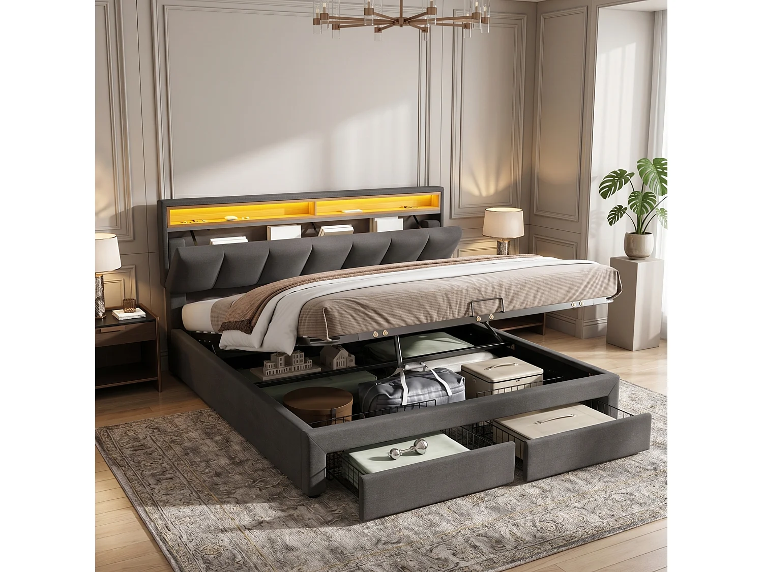 Upholstered storage bed 140x190cm in linen with drawers - headboard with LED lighting - slatted base - Grey