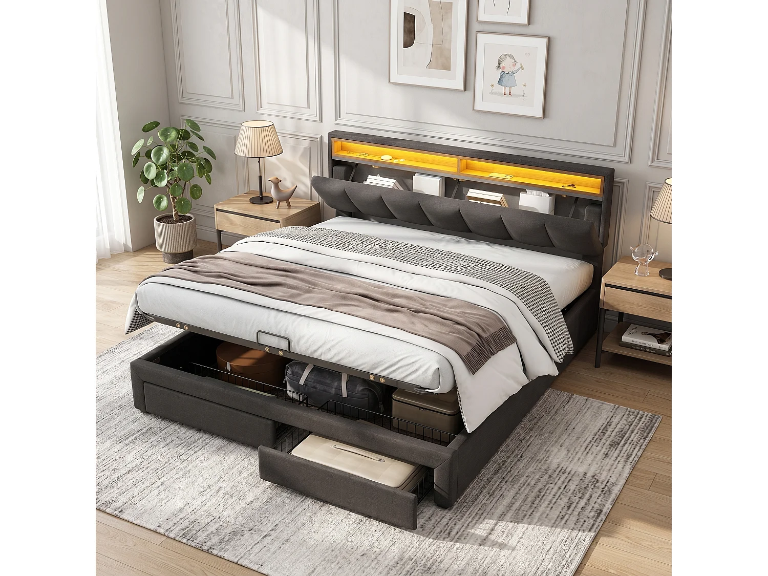 Upholstered storage bed 140x190cm in linen with drawers - headboard with LED lighting - slatted base - Grey