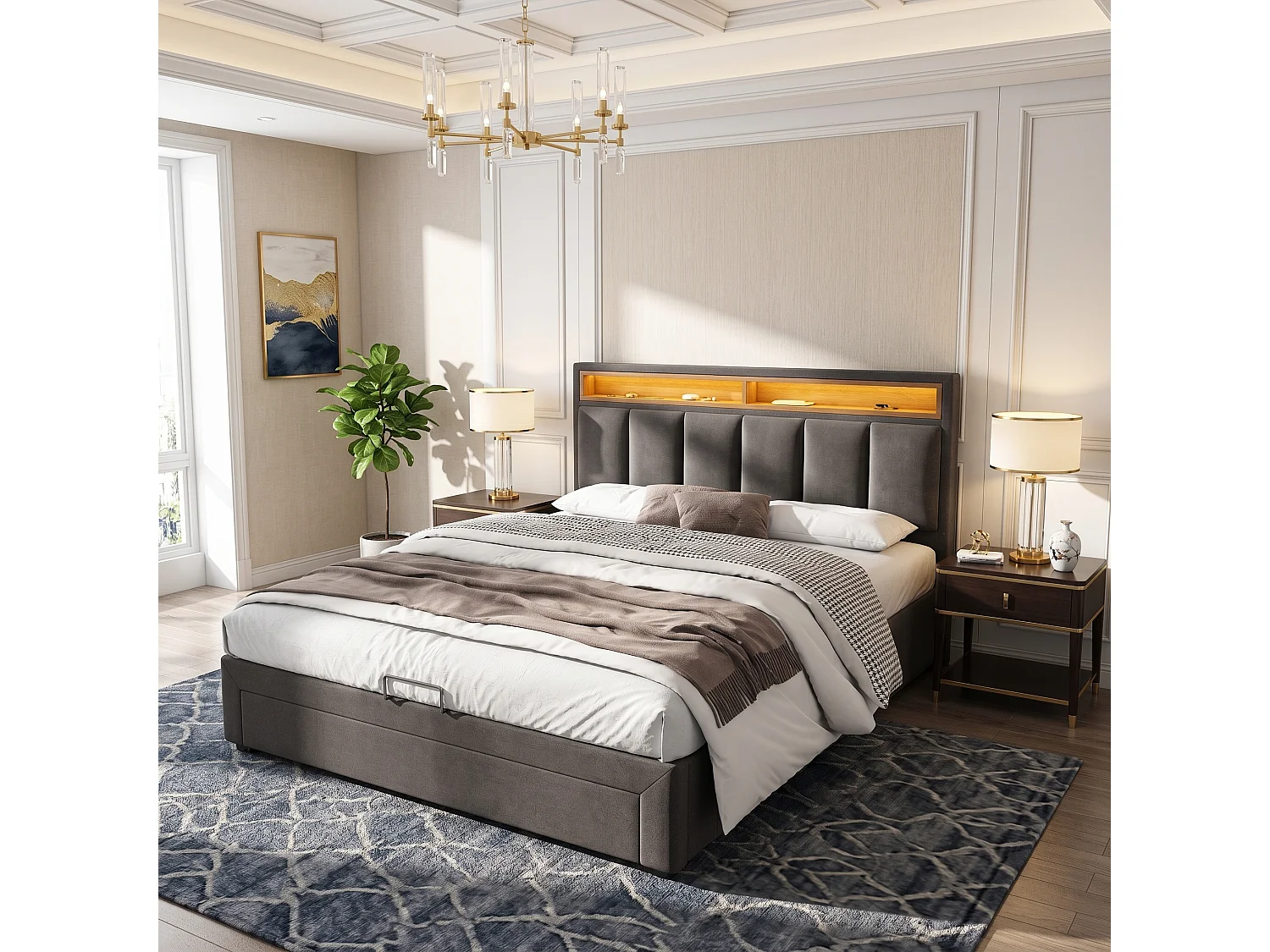 Upholstered storage bed 140x190cm in linen with drawers - headboard with LED lighting - slatted base - Grey