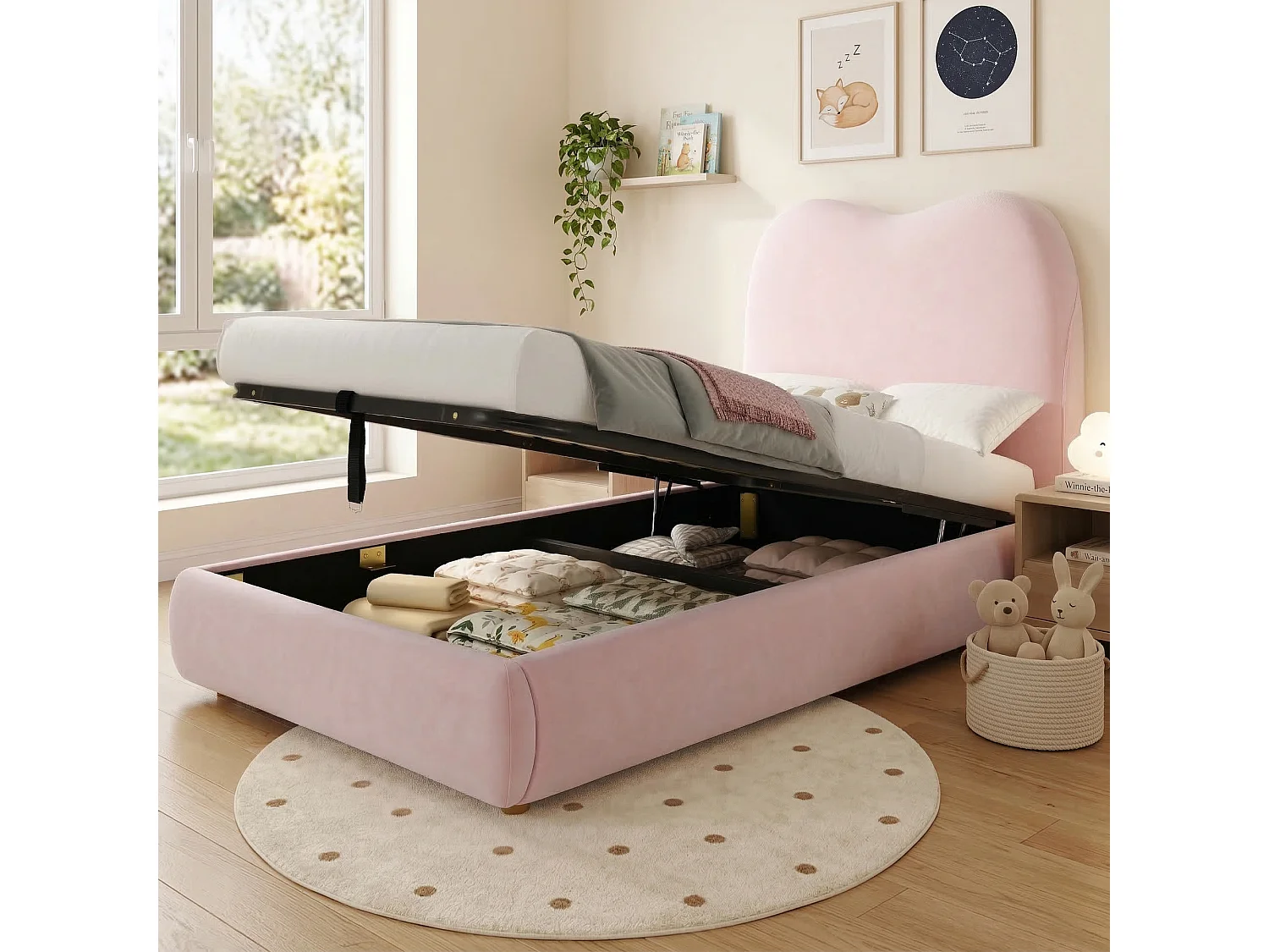 Children's storage bed 90 x 200 cm - with upholstered headboard - Velvet upholstery - Pink (Mattress not included)