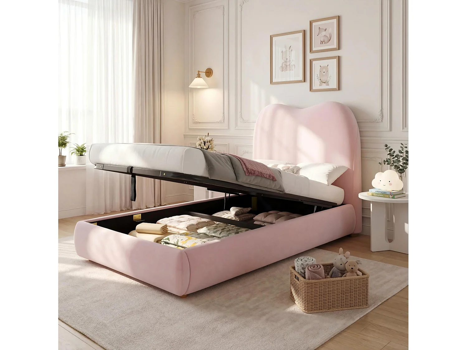 Children's storage bed 90 x 200 cm - with upholstered headboard - Velvet upholstery - Pink (Mattress not included)