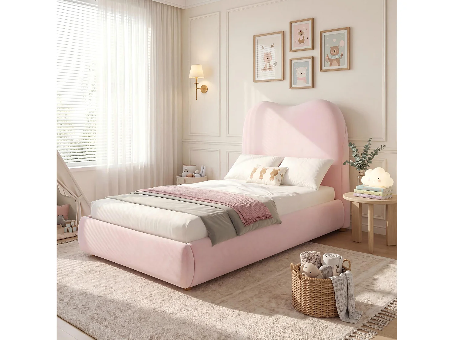 Children's storage bed 90 x 200 cm - with upholstered headboard - Velvet upholstery - Pink (Mattress not included)