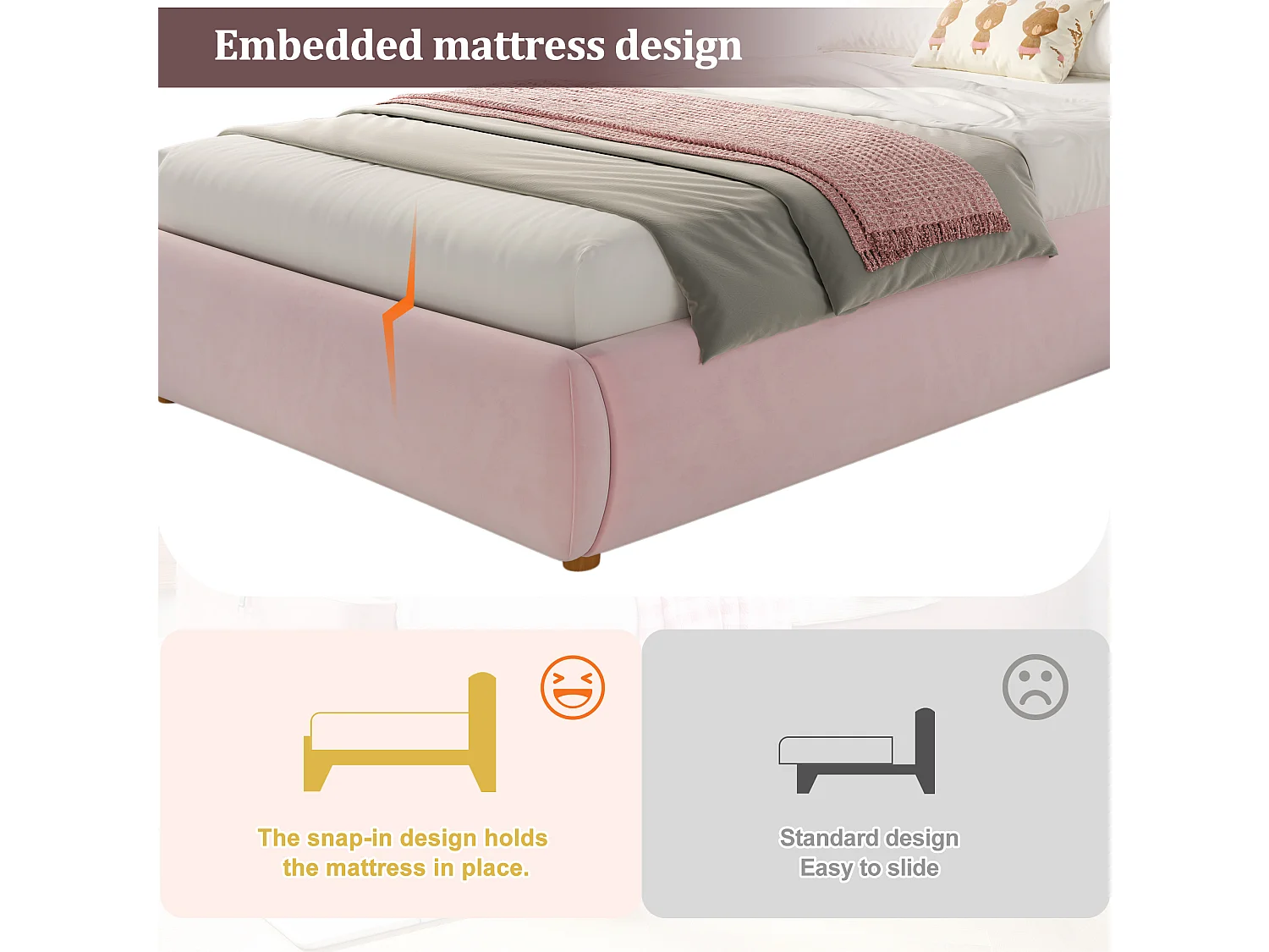 Children's storage bed 90 x 200 cm - with upholstered headboard - Velvet upholstery - Pink (Mattress not included)