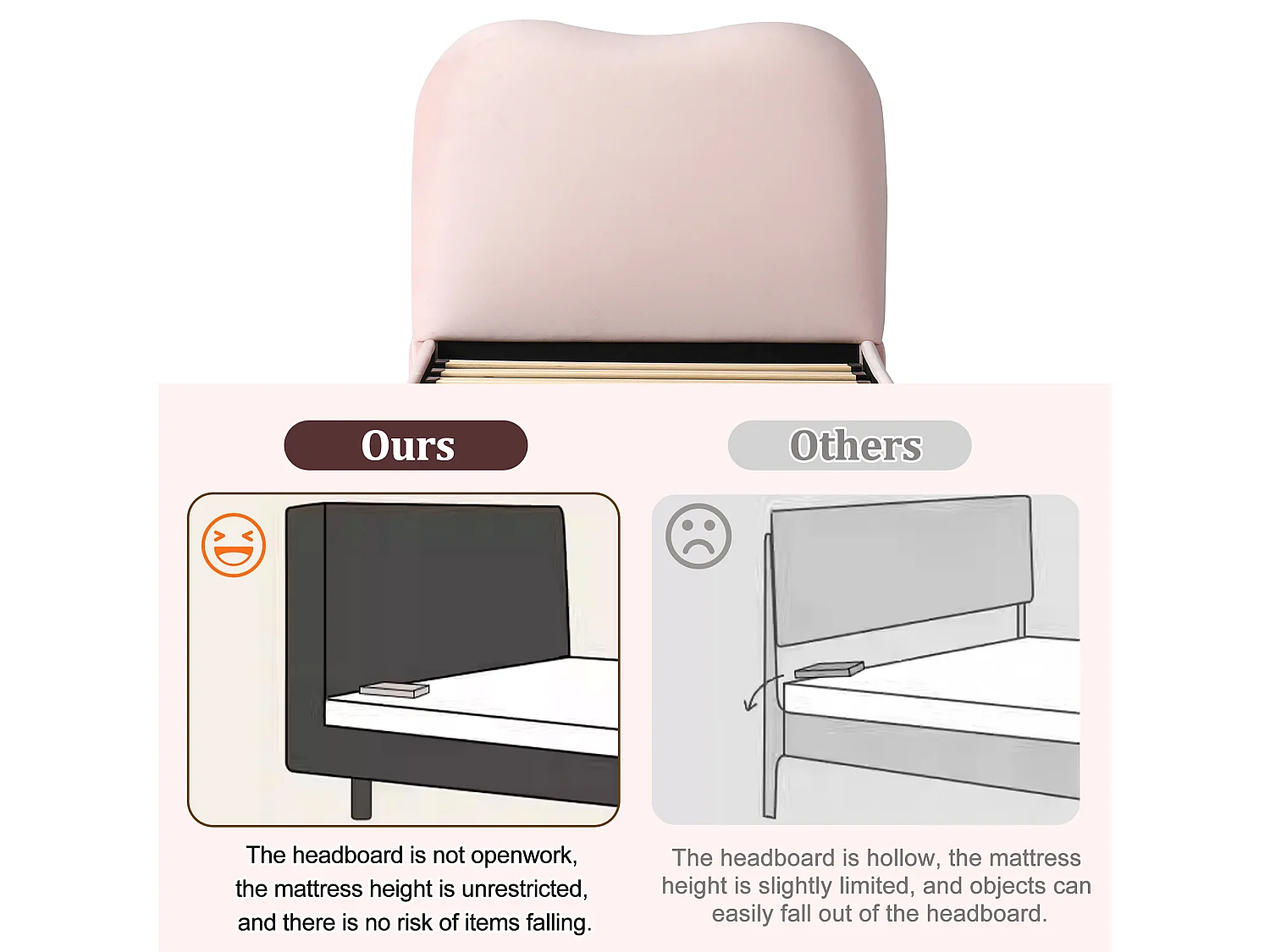 Children's storage bed 90 x 200 cm - with upholstered headboard - Velvet upholstery - Pink (Mattress not included)