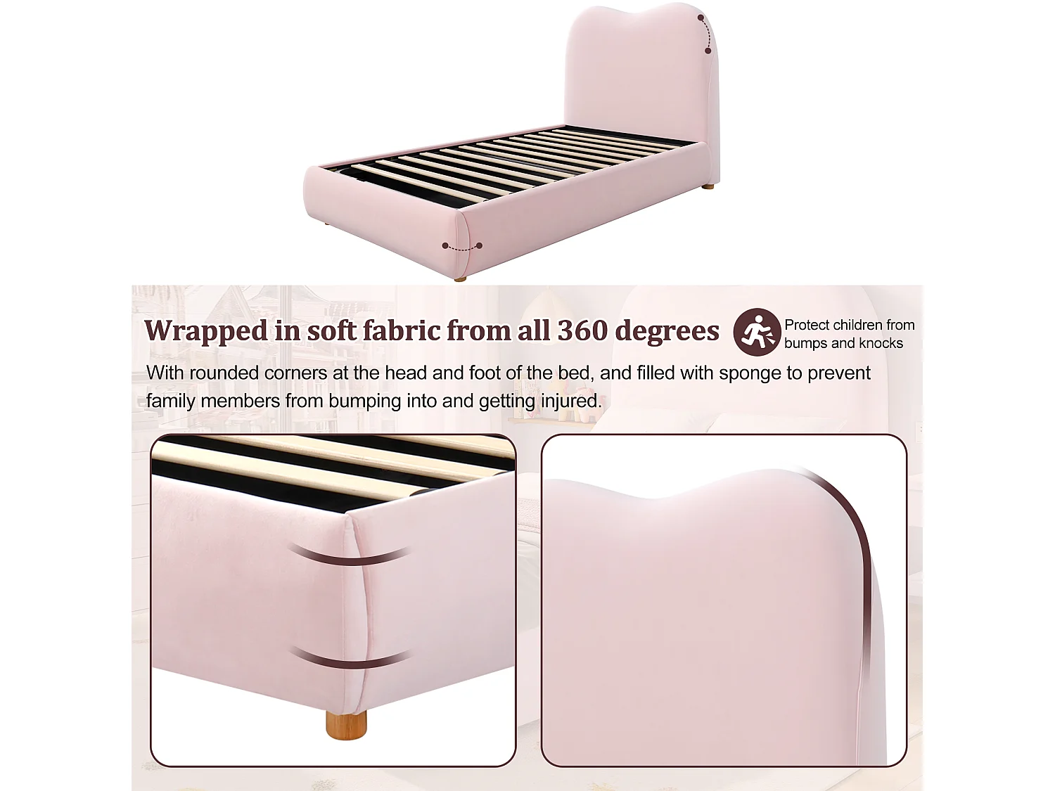 Children's storage bed 90 x 200 cm - with upholstered headboard - Velvet upholstery - Pink (Mattress not included)