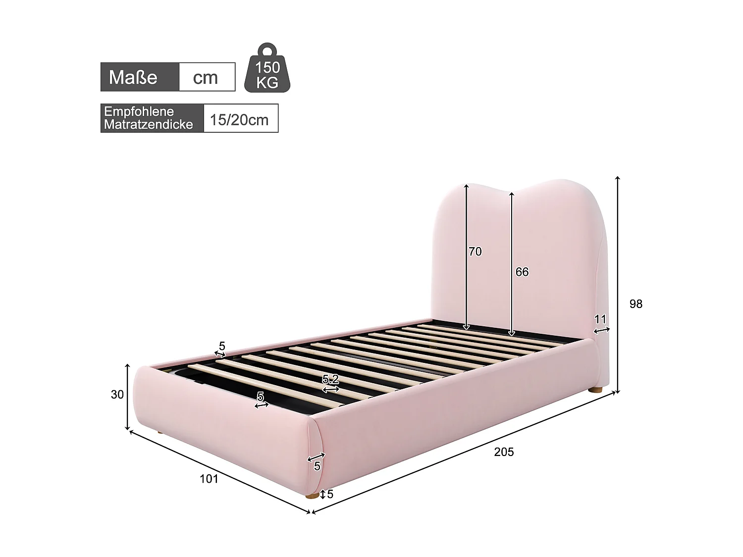 Children's storage bed 90 x 200 cm - with upholstered headboard - Velvet upholstery - Pink (Mattress not included)
