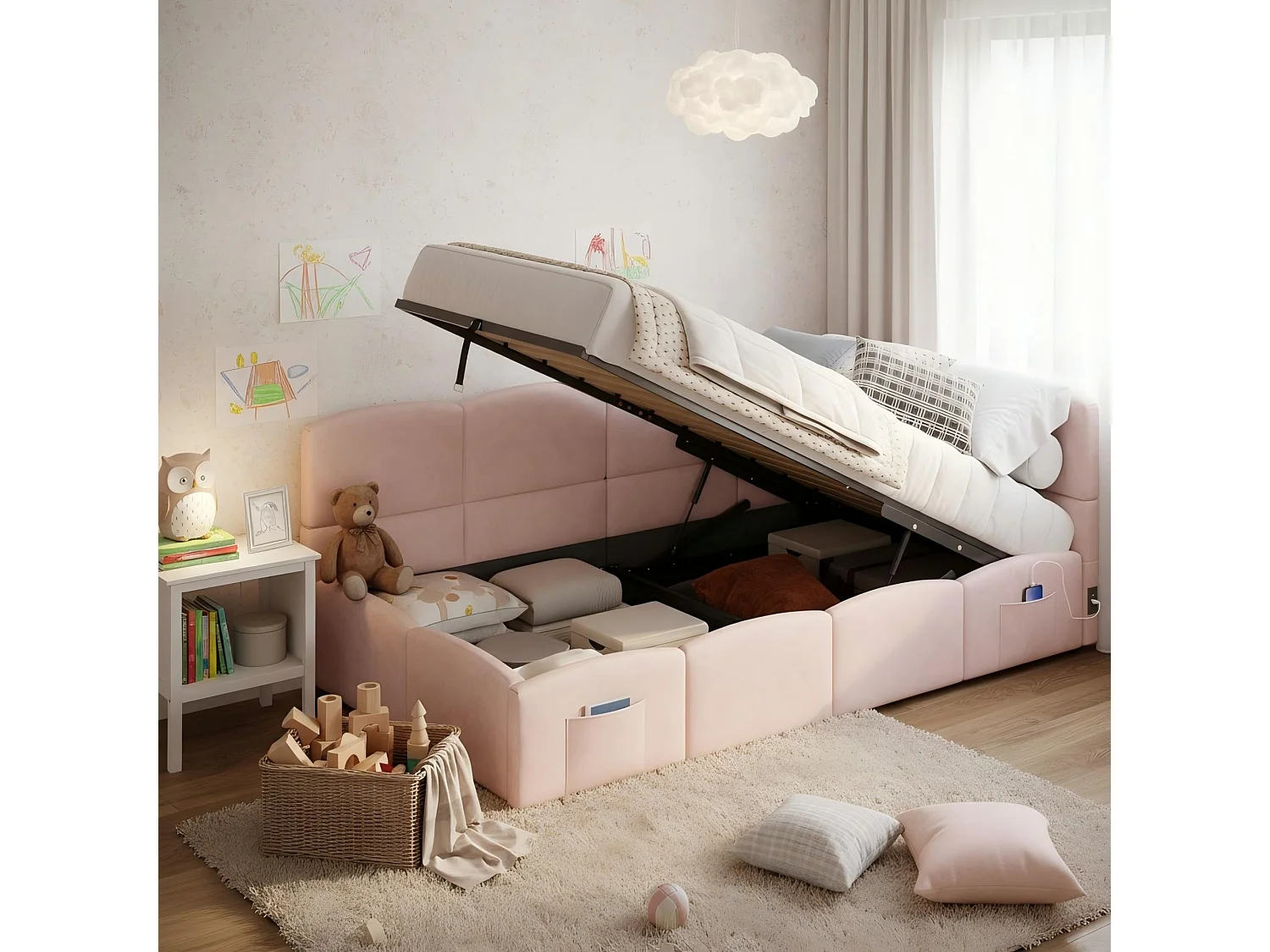 Children's Sofa Bed 90x200cm - Storage Bed - with USB Ports - with Storage Pocket - Velvet - Pink (Mattress Not Included)
