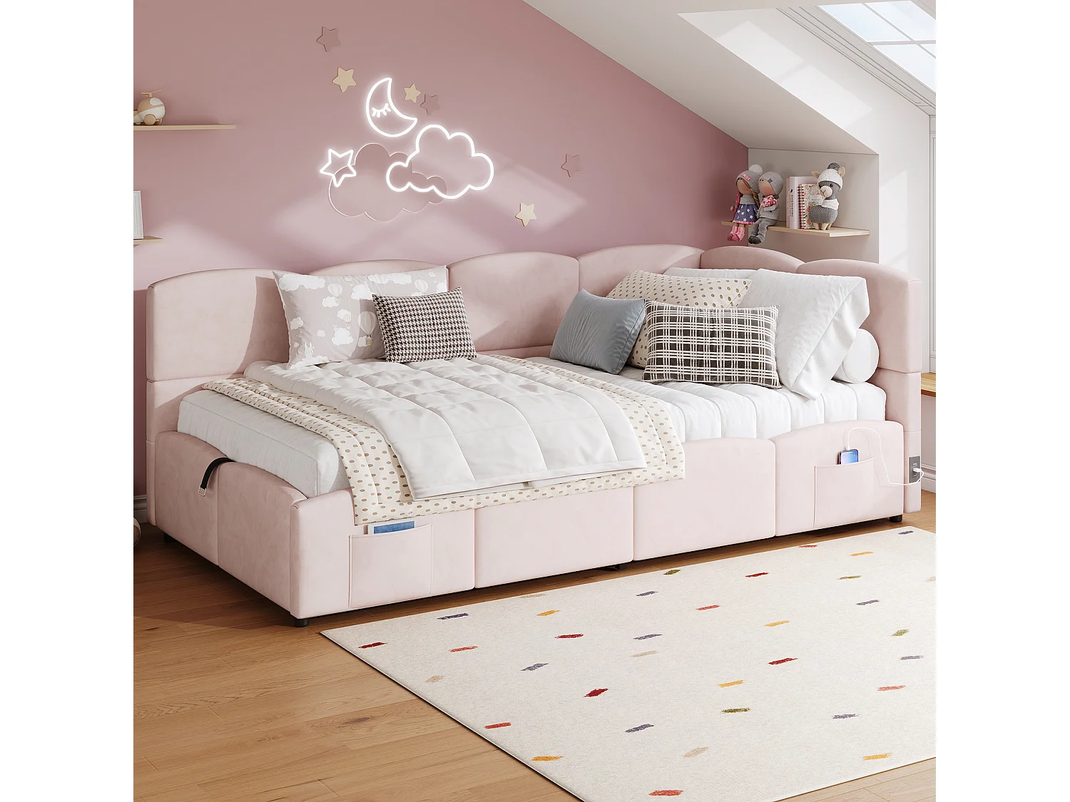 Children's Sofa Bed 90x200cm - Storage Bed - with USB Ports - with Storage Pocket - Velvet - Pink (Mattress Not Included)