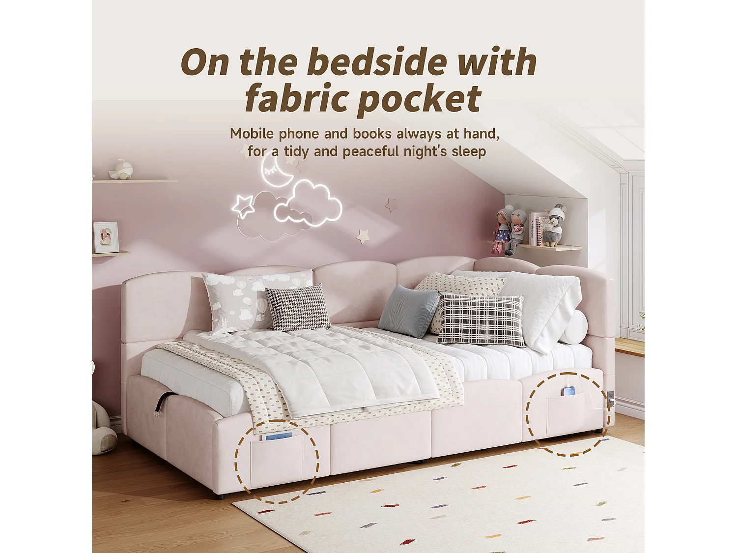 Children's Sofa Bed 90x200cm - Storage Bed - with USB Ports - with Storage Pocket - Velvet - Pink (Mattress Not Included)