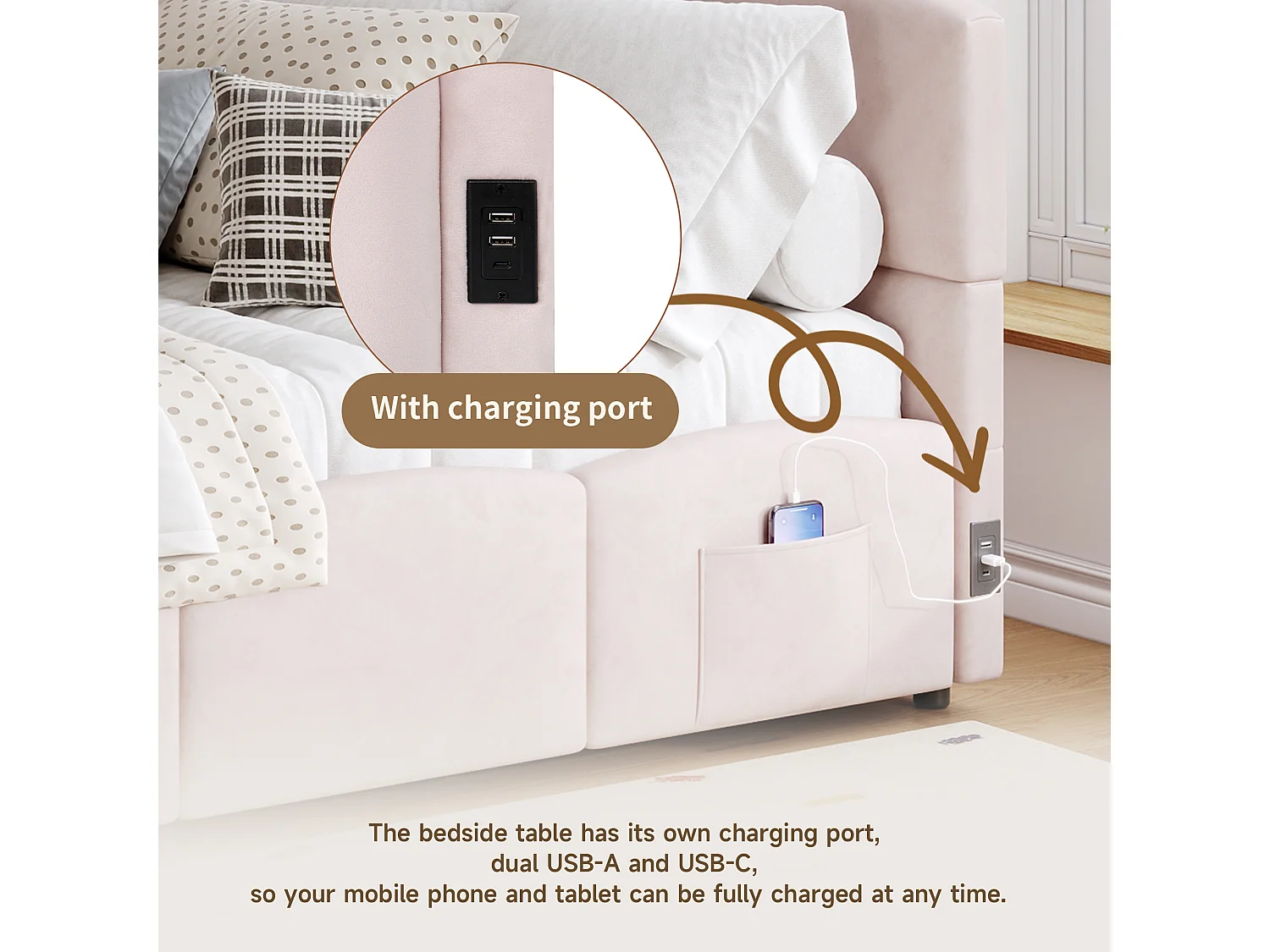 Children's Sofa Bed 90x200cm - Storage Bed - with USB Ports - with Storage Pocket - Velvet - Pink (Mattress Not Included)