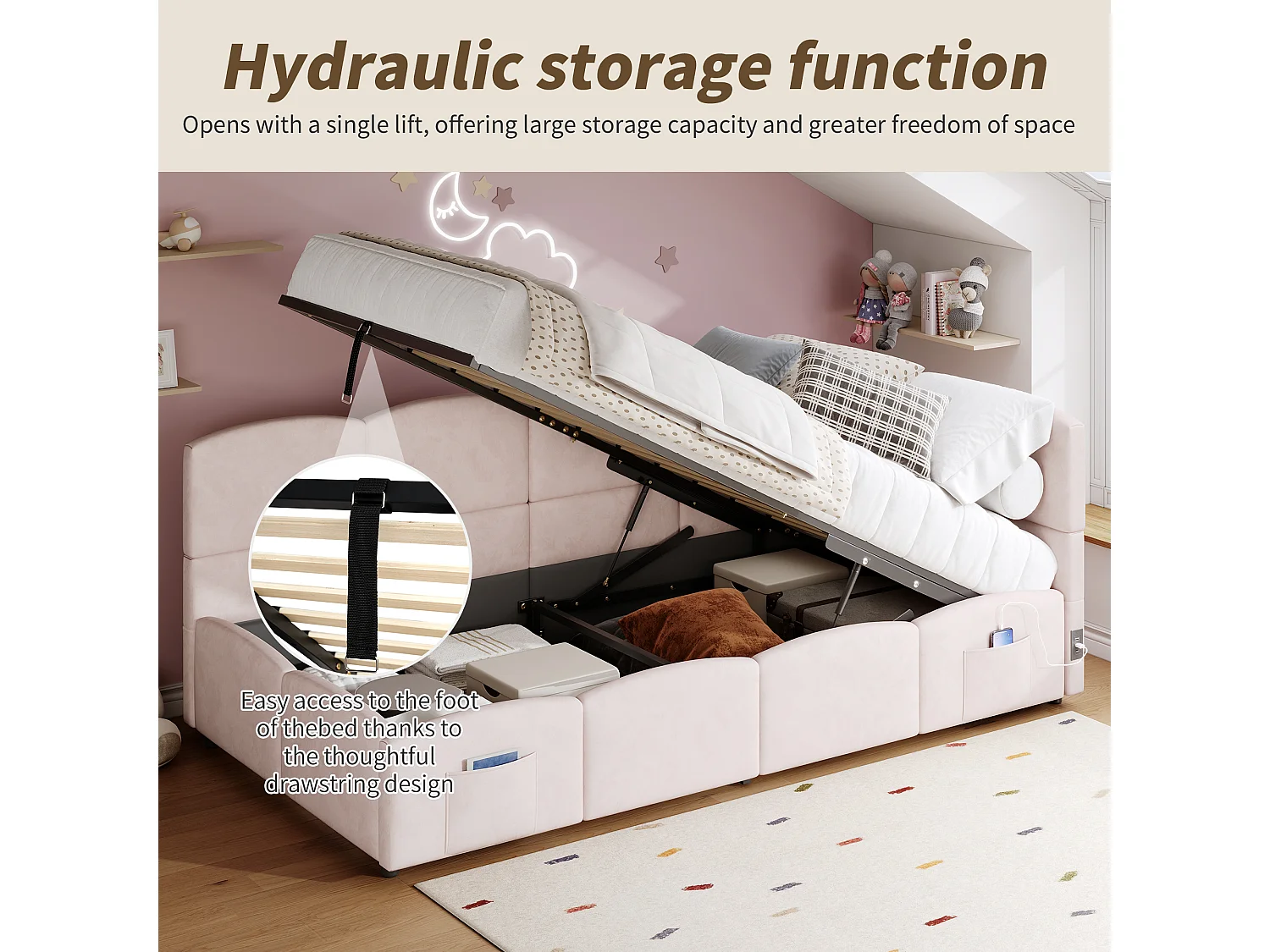 Children's Sofa Bed 90x200cm - Storage Bed - with USB Ports - with Storage Pocket - Velvet - Pink (Mattress Not Included)