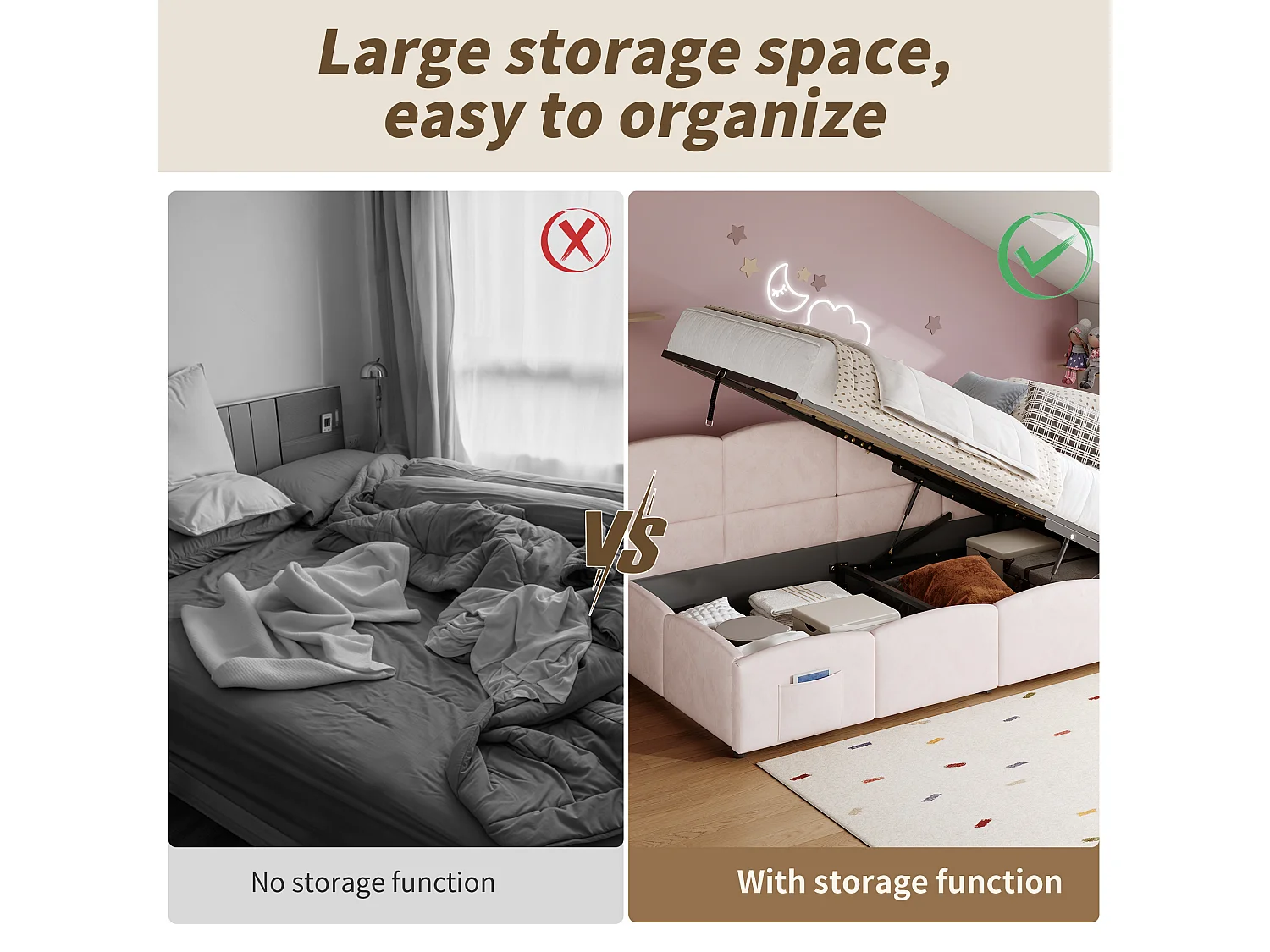 Children's Sofa Bed 90x200cm - Storage Bed - with USB Ports - with Storage Pocket - Velvet - Pink (Mattress Not Included)