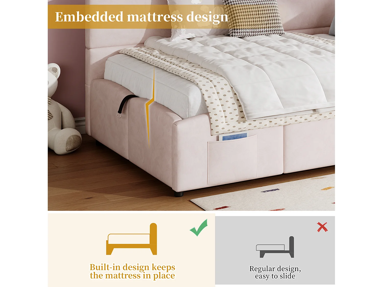 Children's Sofa Bed 90x200cm - Storage Bed - with USB Ports - with Storage Pocket - Velvet - Pink (Mattress Not Included)