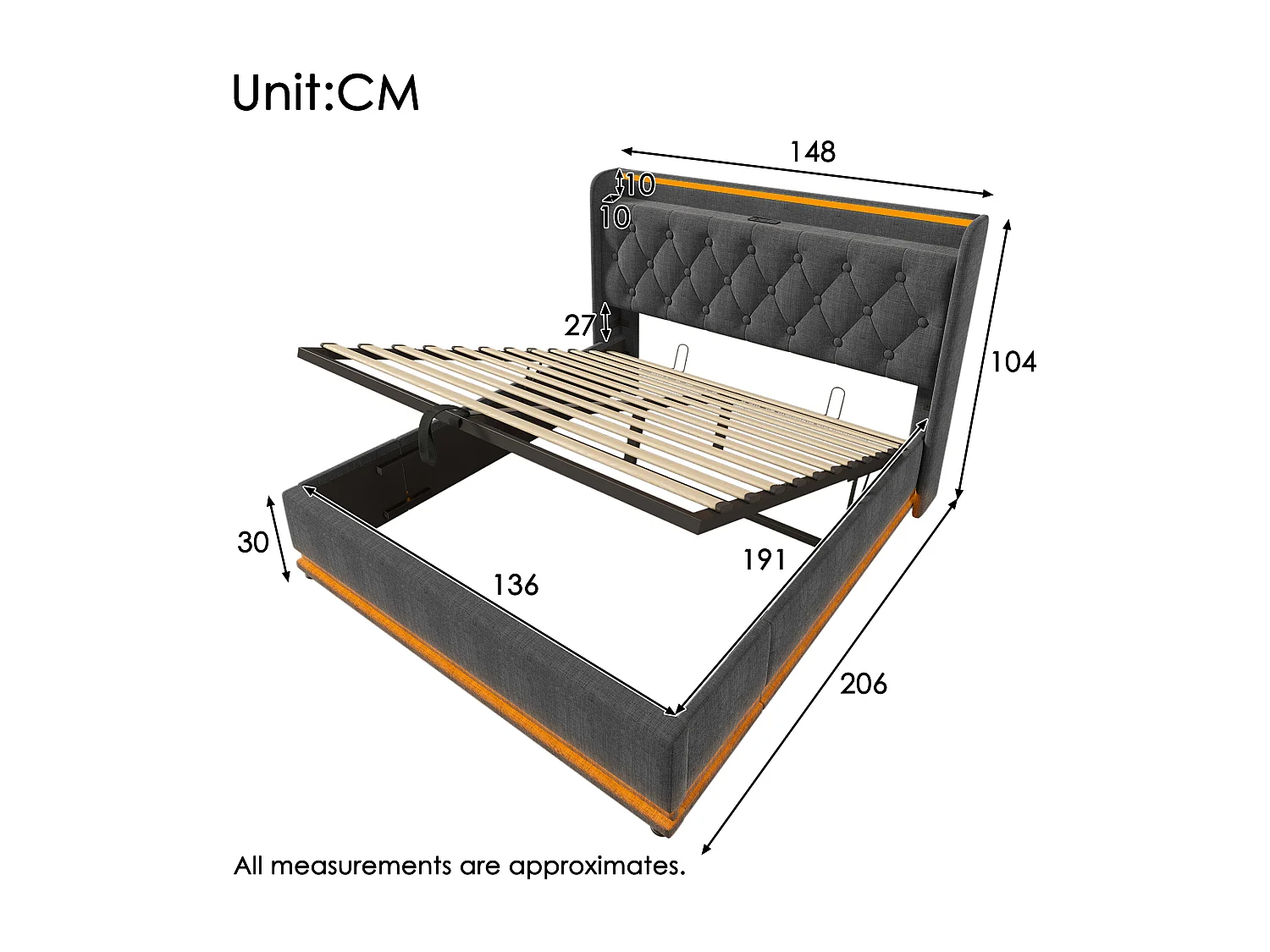 140x200cm Linen Storage Bed - with LED and USB & Type-C Ports - Grey