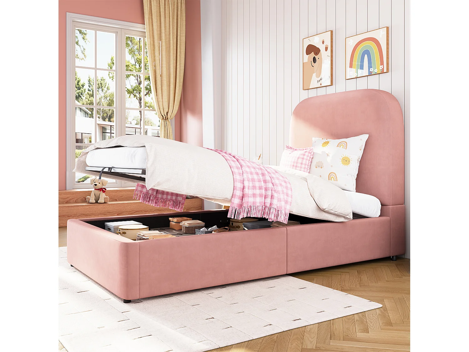 Children's storage bed 90x200cm - with padded headboard - with storage space - Velvet - Pink (mattress not included)
